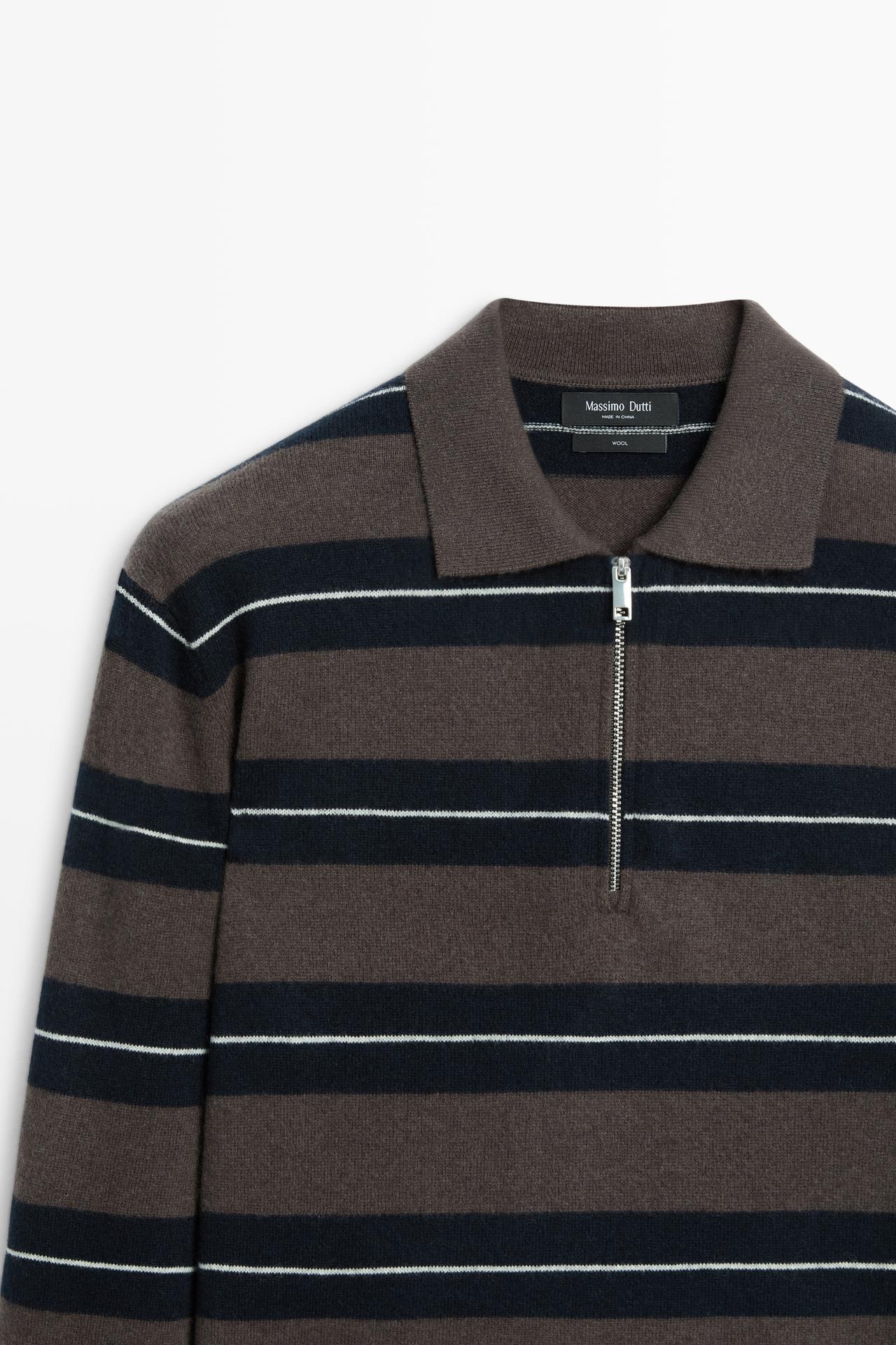 Striped knit polo sweater — BROWN