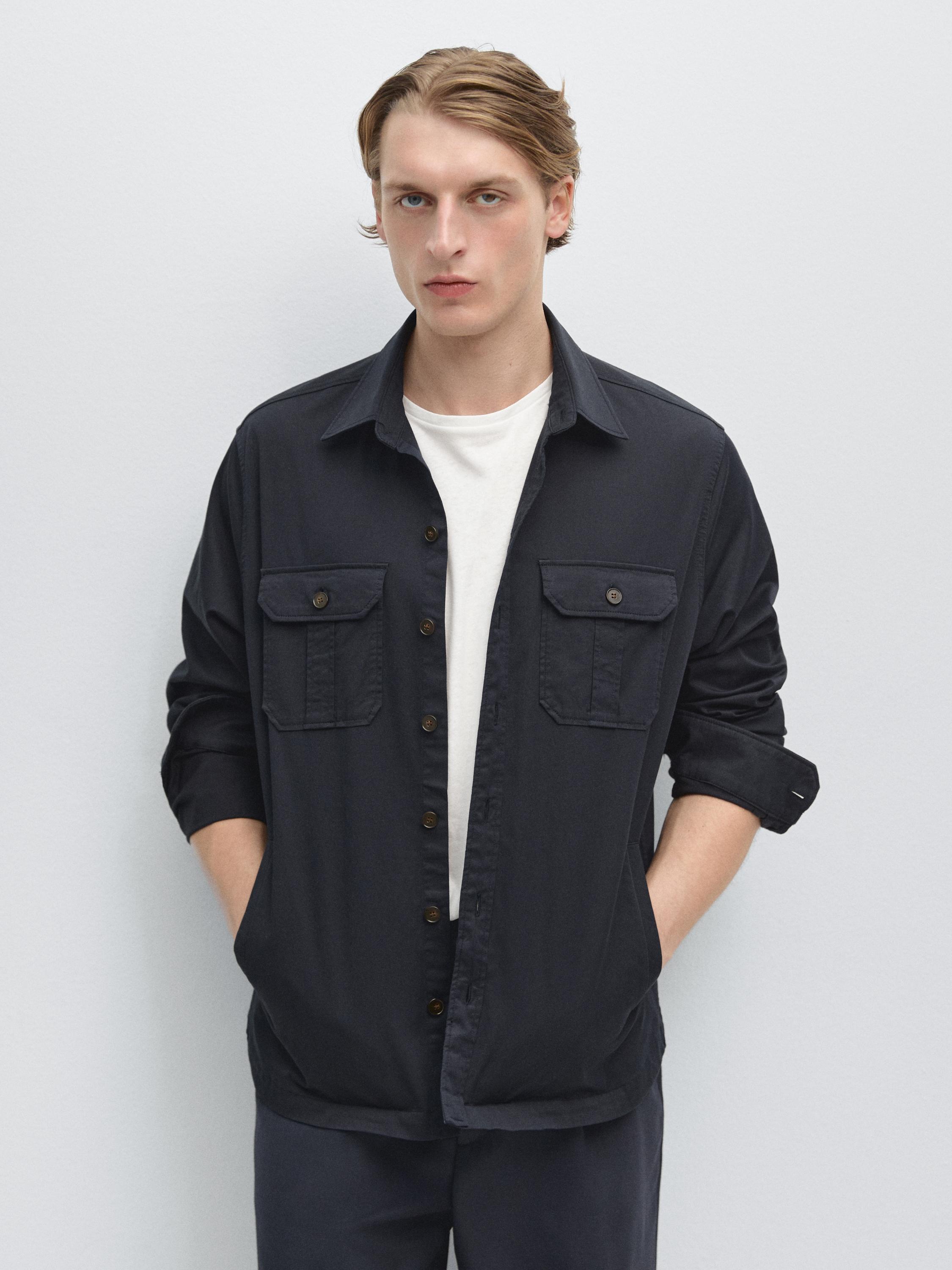 Cotton blend overshirt with pocket detail — NAVY BLUE