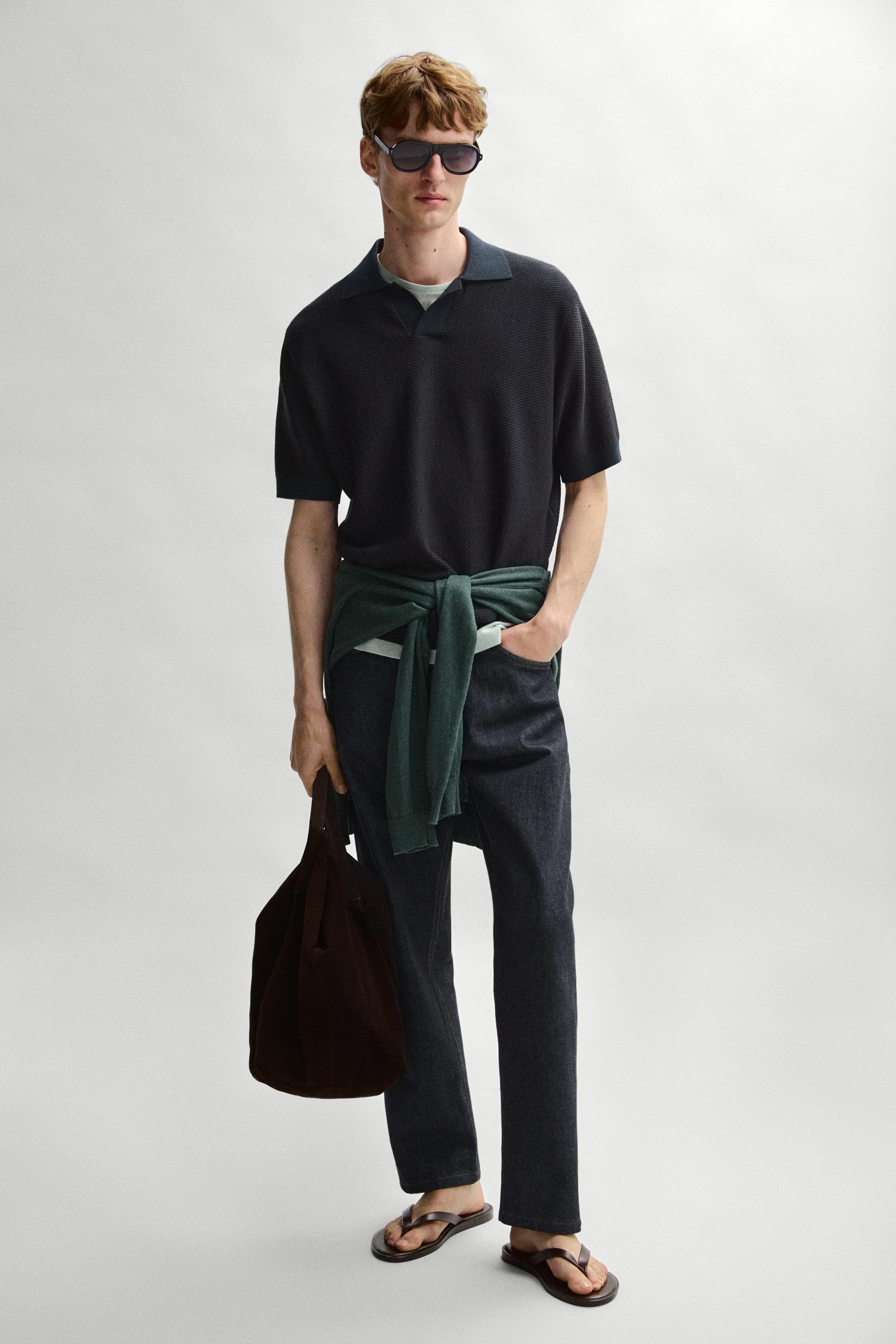 100% cotton textured knit polo sweater — NAVY BLUE