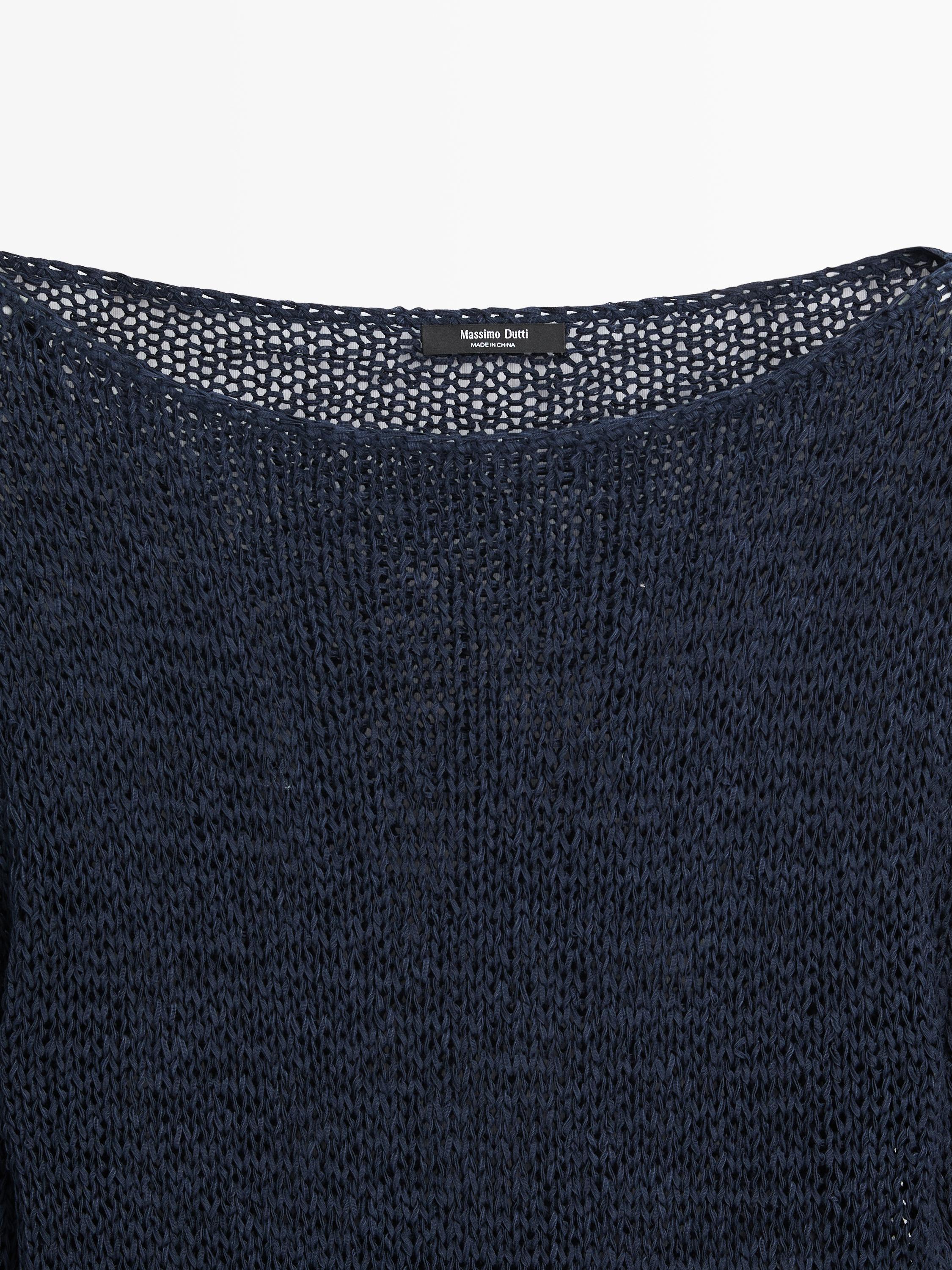 Cotton blend knit boat neck sweater — Dark Blue