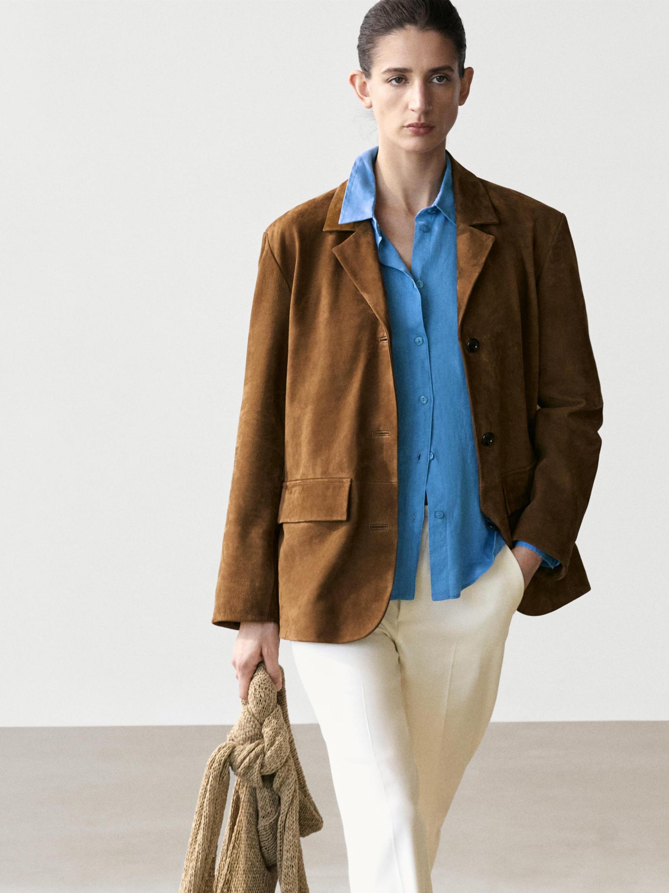 100% suede leather blazer with lapel collar — BROWN