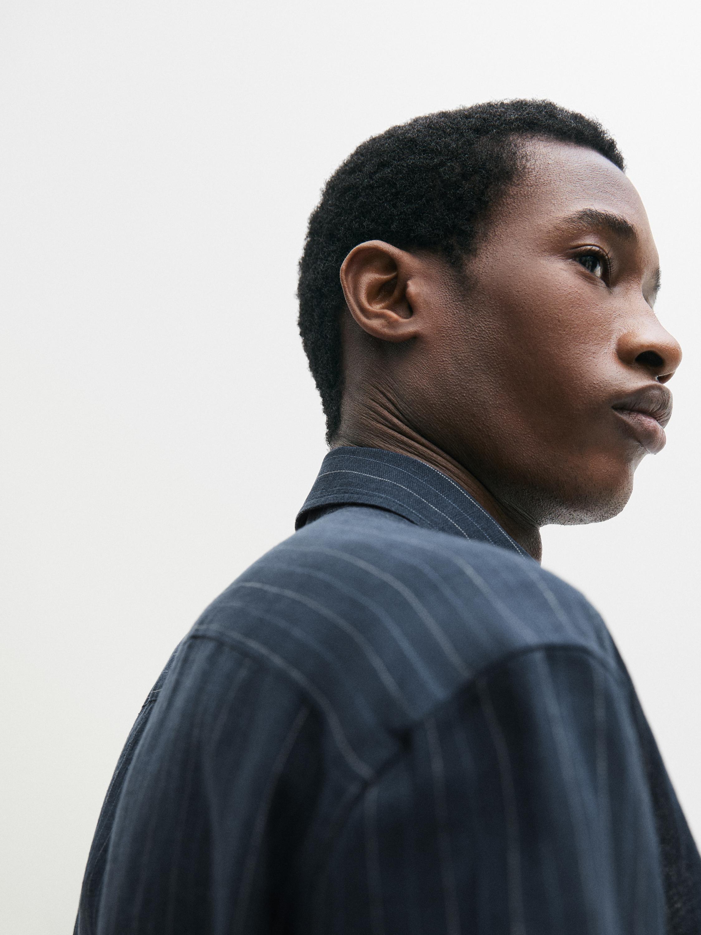 100% linen regular fit striped shirt — NAVY BLUE