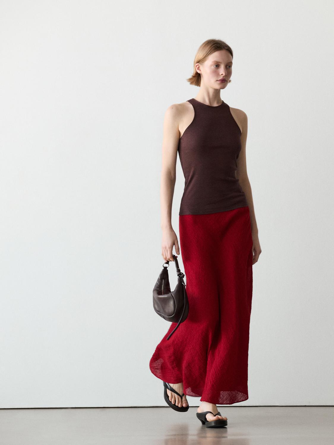 100% linen flounce midi skirt — RED