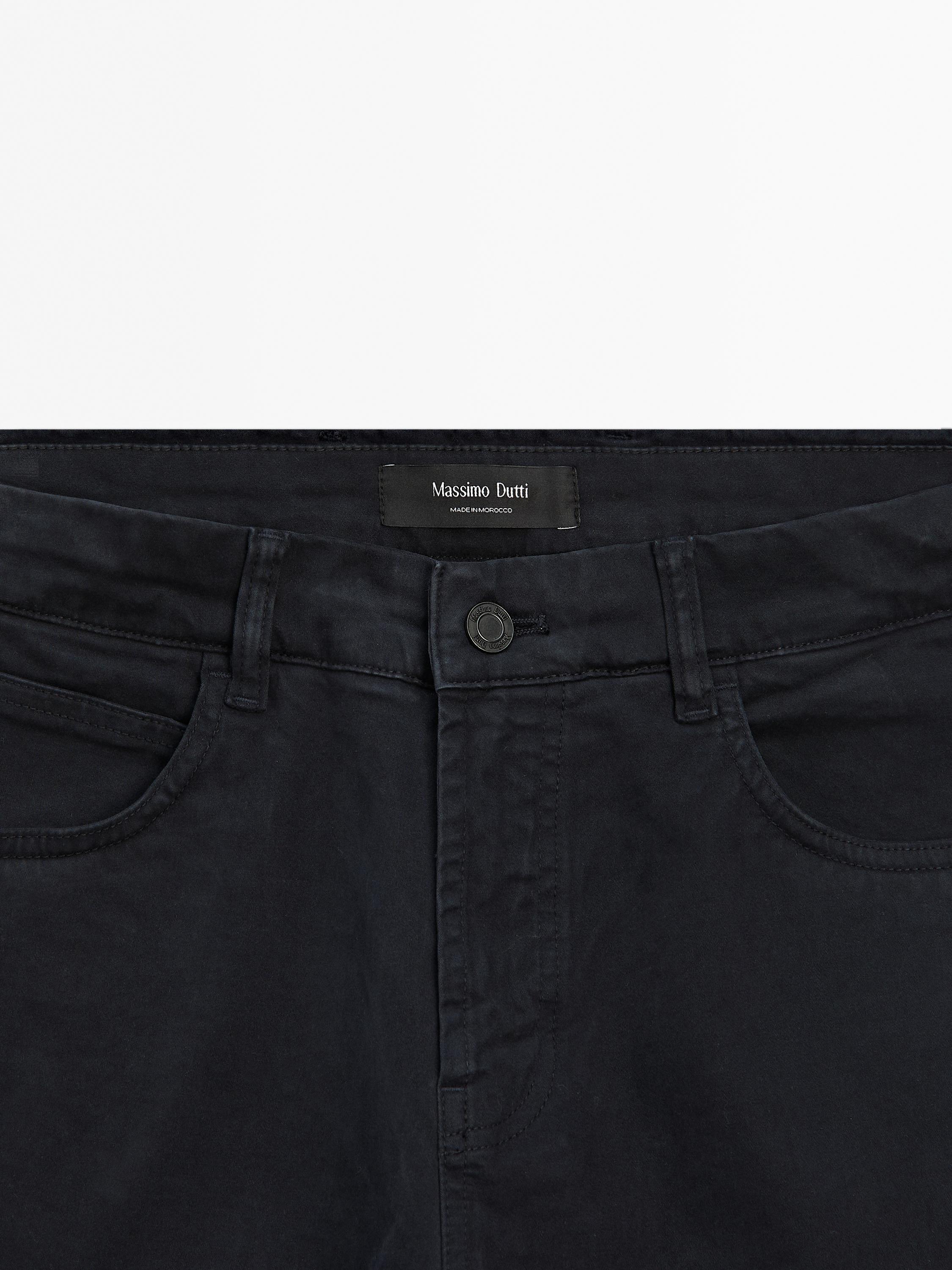 Slim fit cotton blend sateen denim trousers