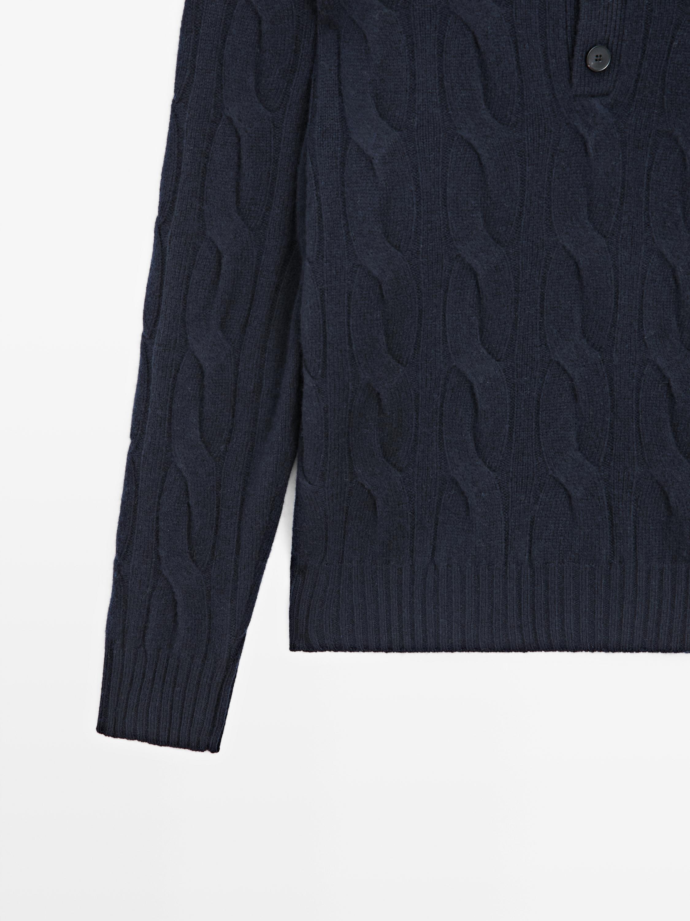 Wool cable-knit polo sweater — NAVY BLUE