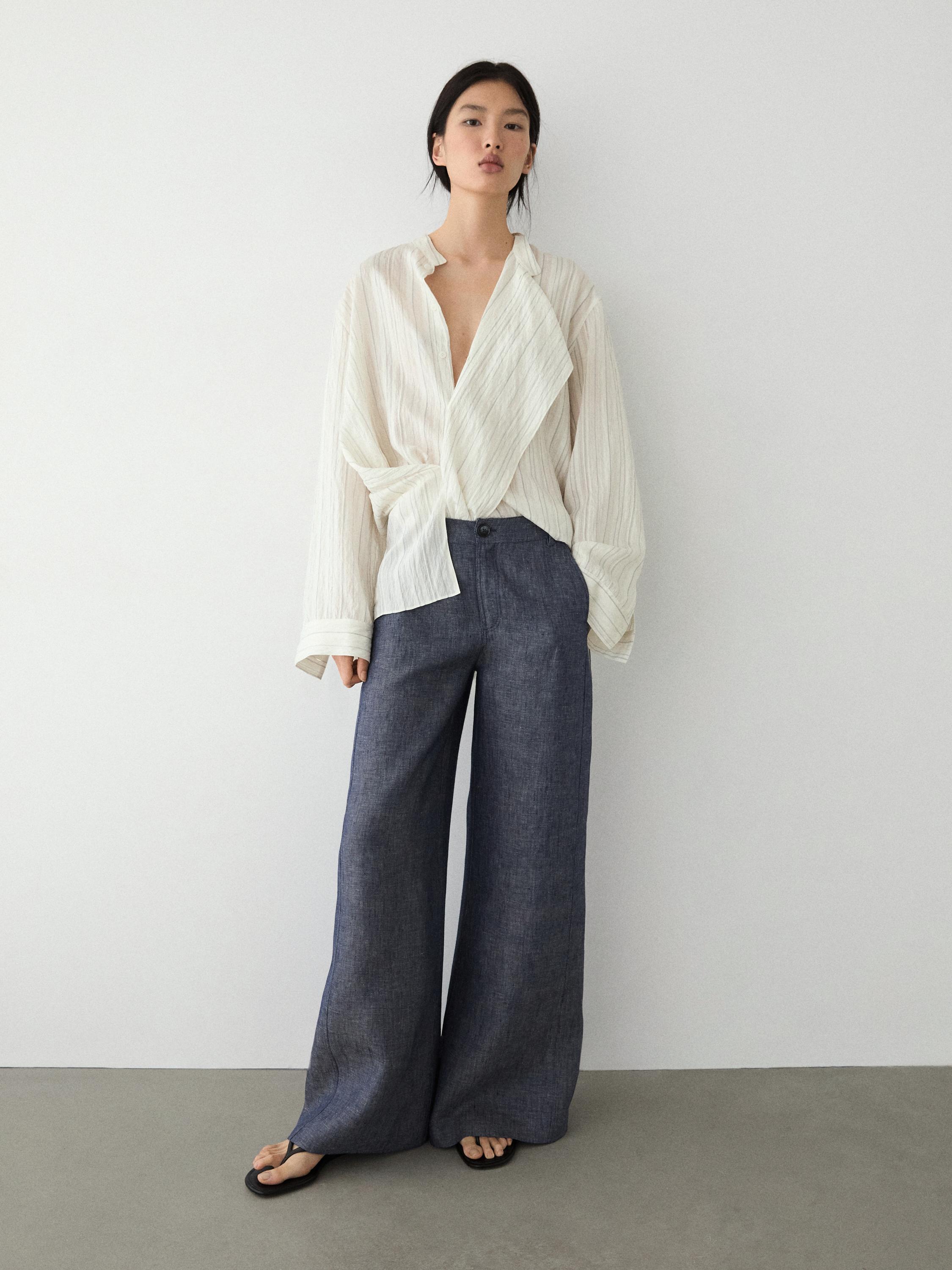 High-waist linen palazzo trousers — Dark Blue