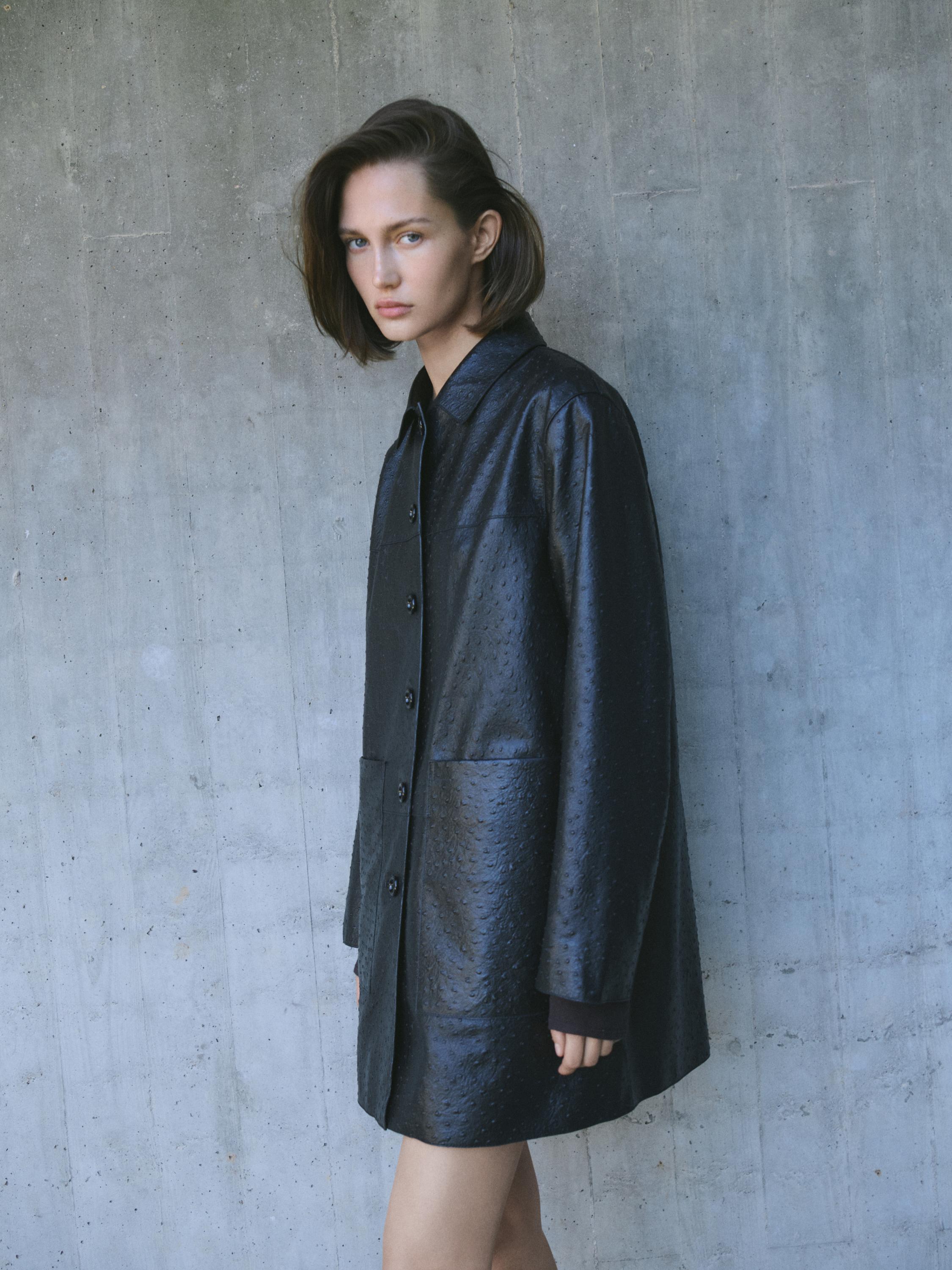 Long textured nappa leather coat