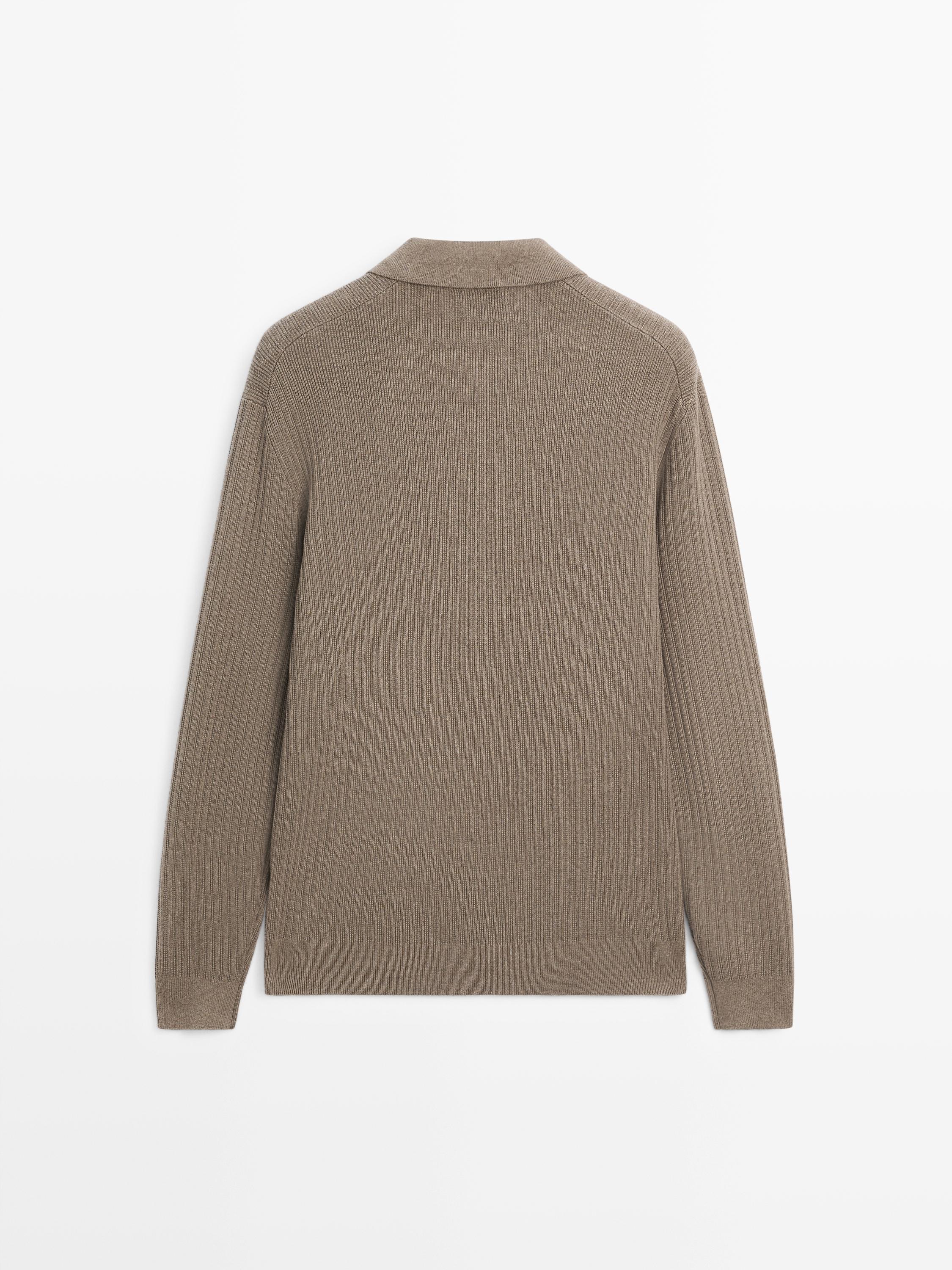 Cotton blend knit polo sweater — KHAKI