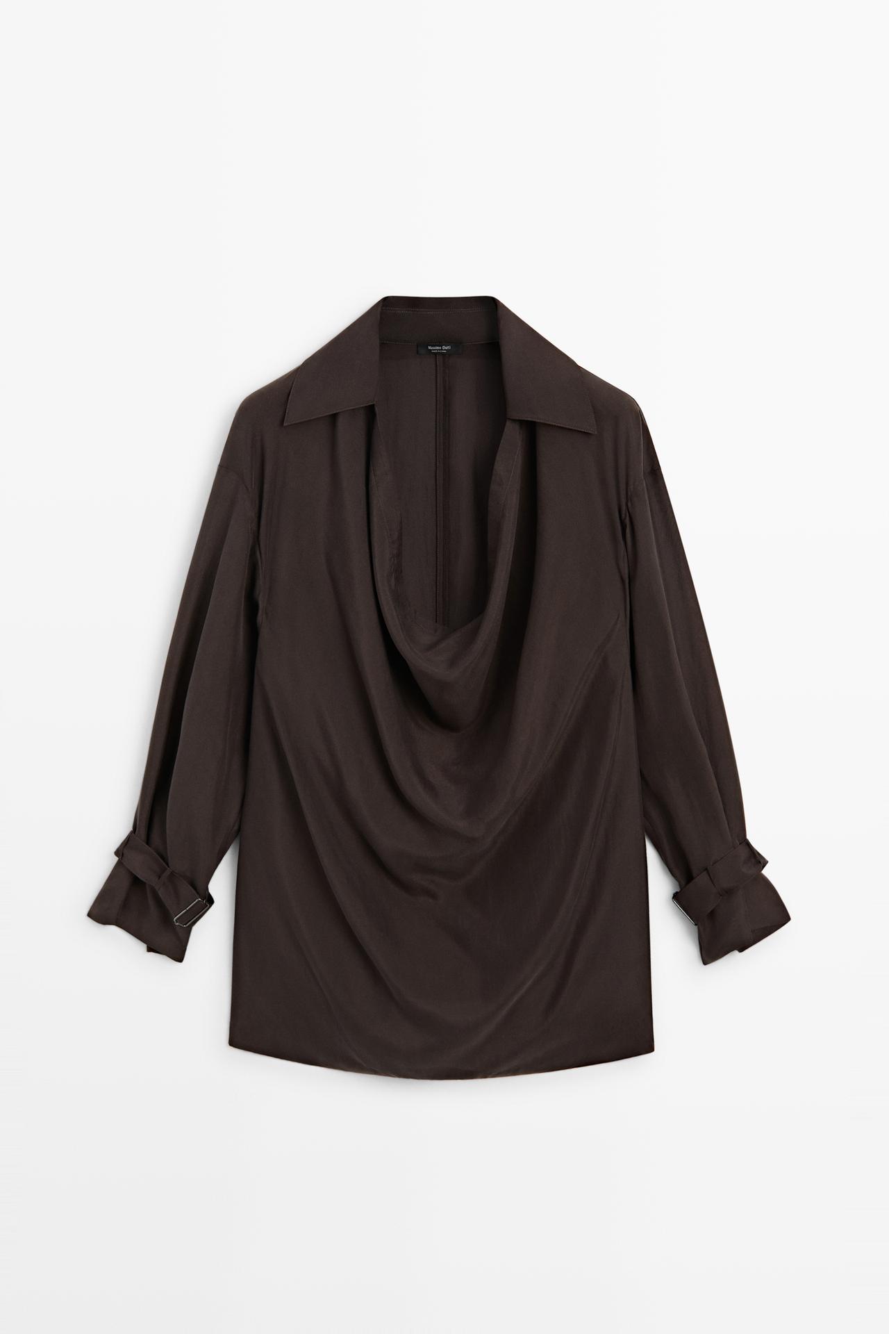 100% silk flowing blouse with draped neckline — BROWN