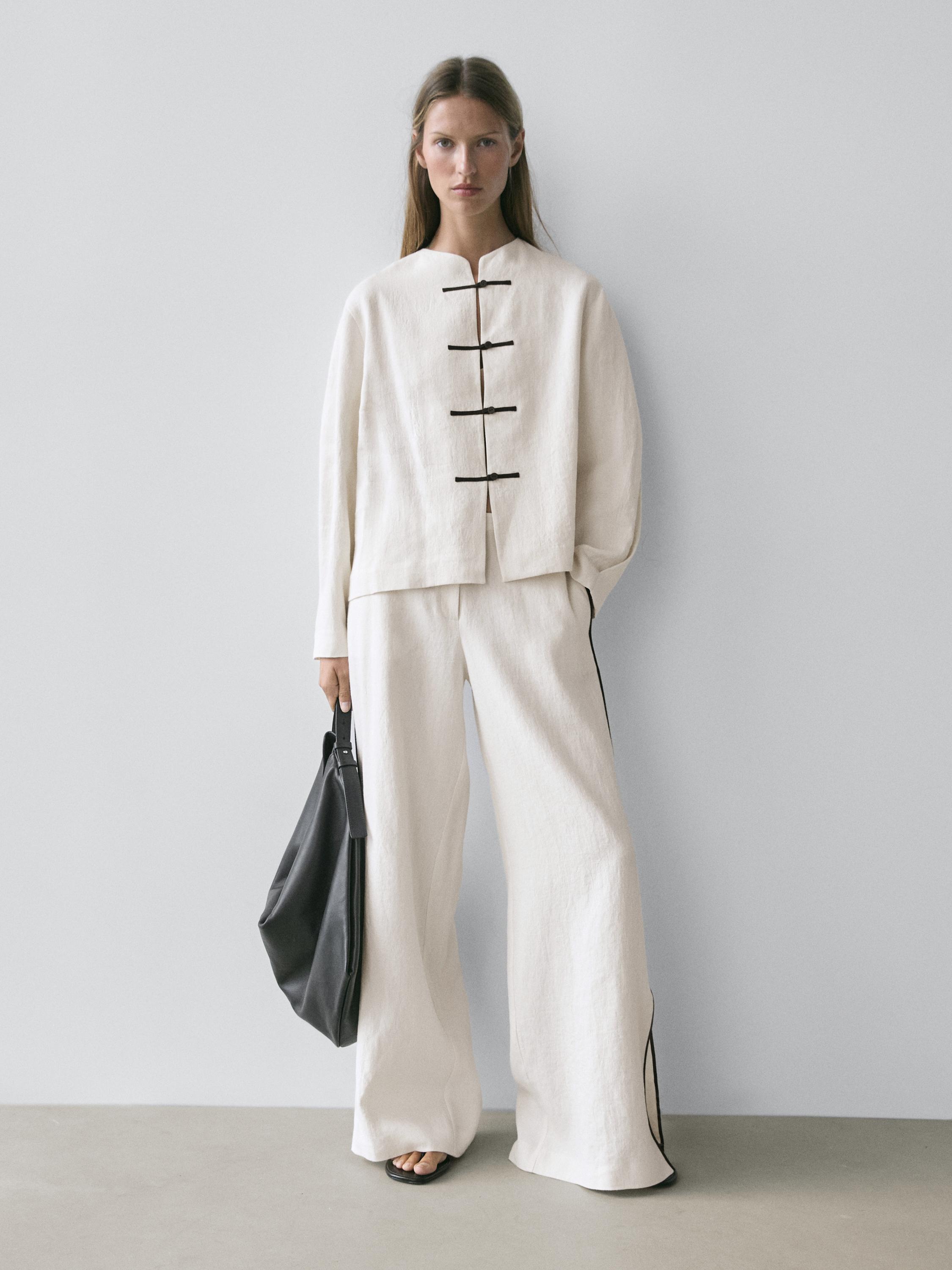 Linen trousers with contrast piping — CREAM
