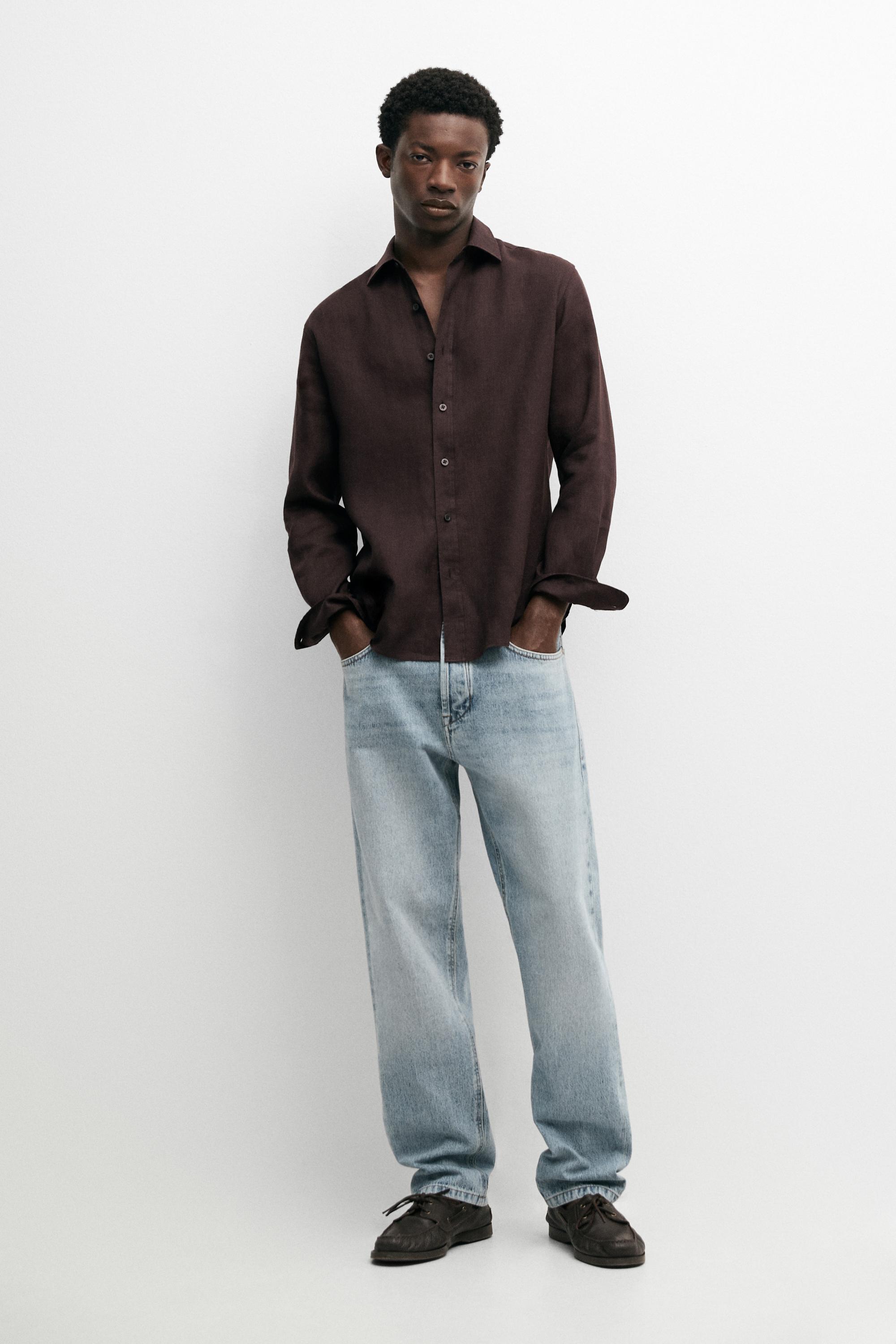 100% linen slim fit shirt — BURGUNDY