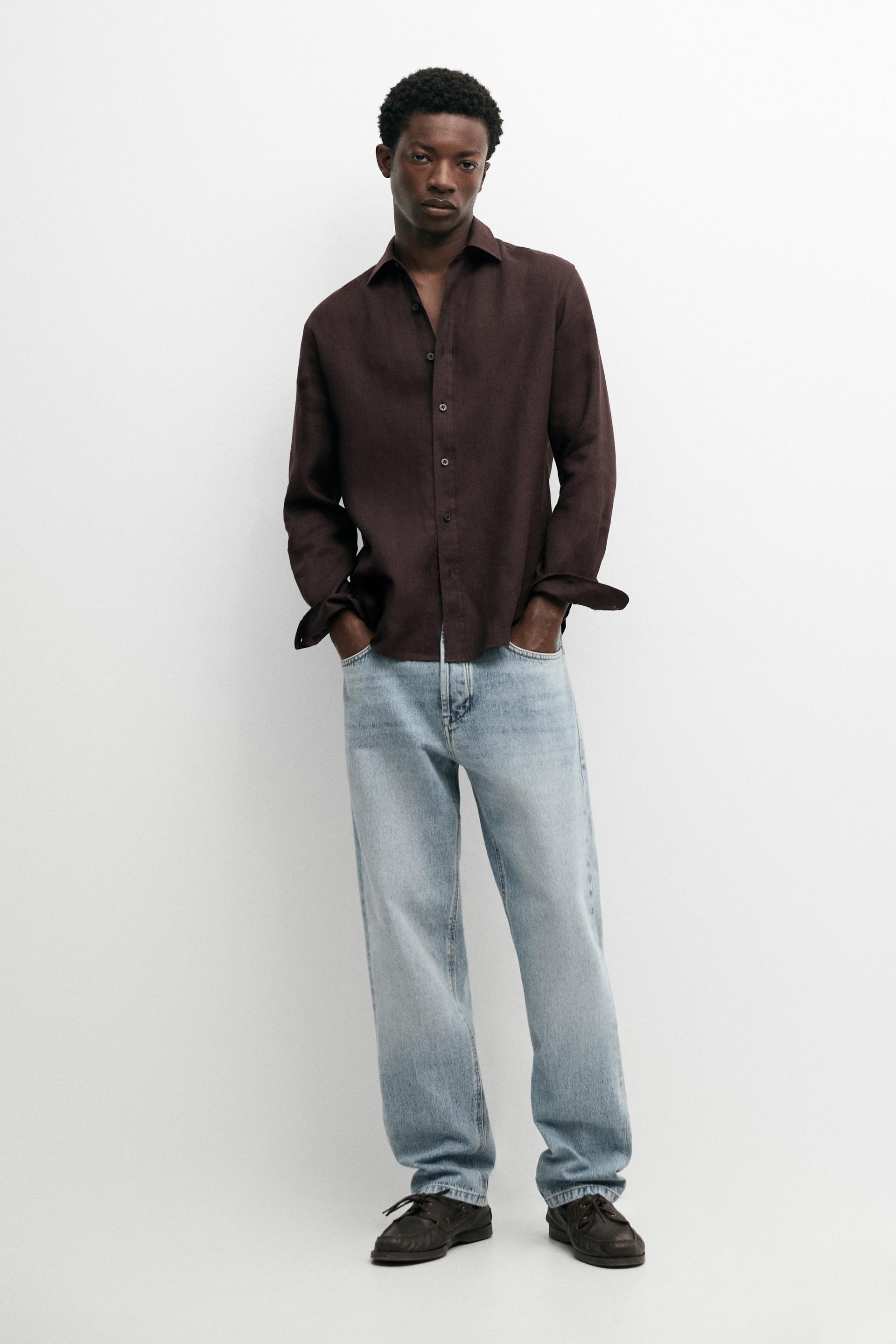 Camicia Slim Fit 100% Lino - Cioccolato - Xxl - Massimo Dutti - Maschile