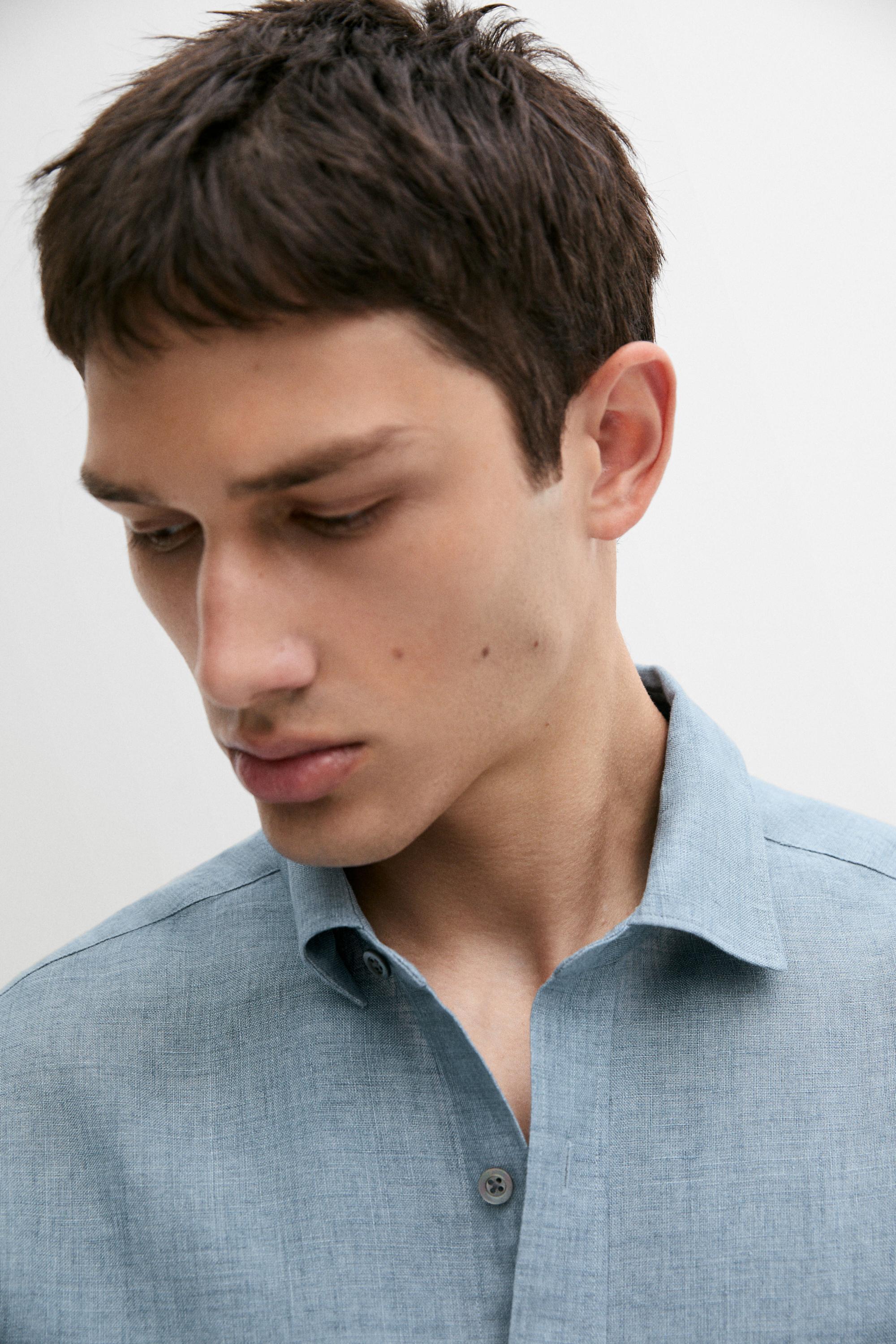 Regular fit 100% linen delavé shirt — DEEP BLUE