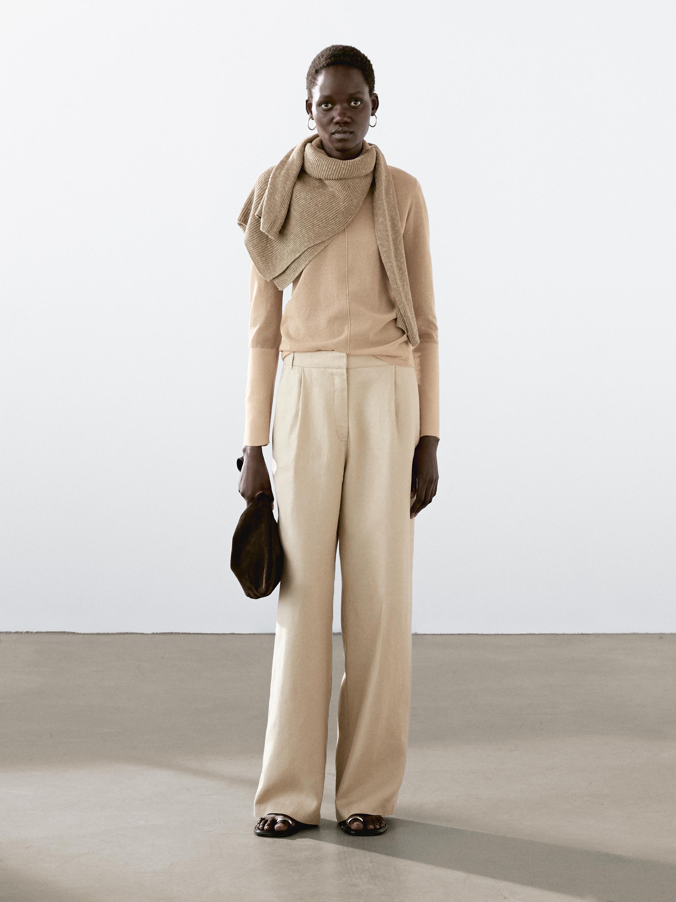 بنطلون كتان 100% بساق عريضة وتفصيل مرن