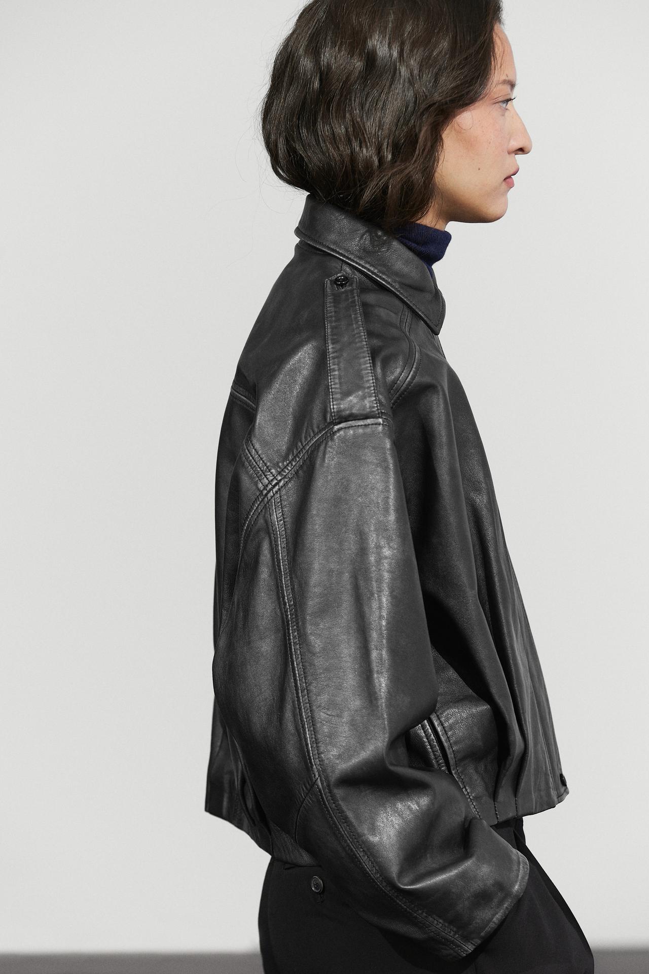 Nappa leather bomber jacket with lapel collar — KHAKI
