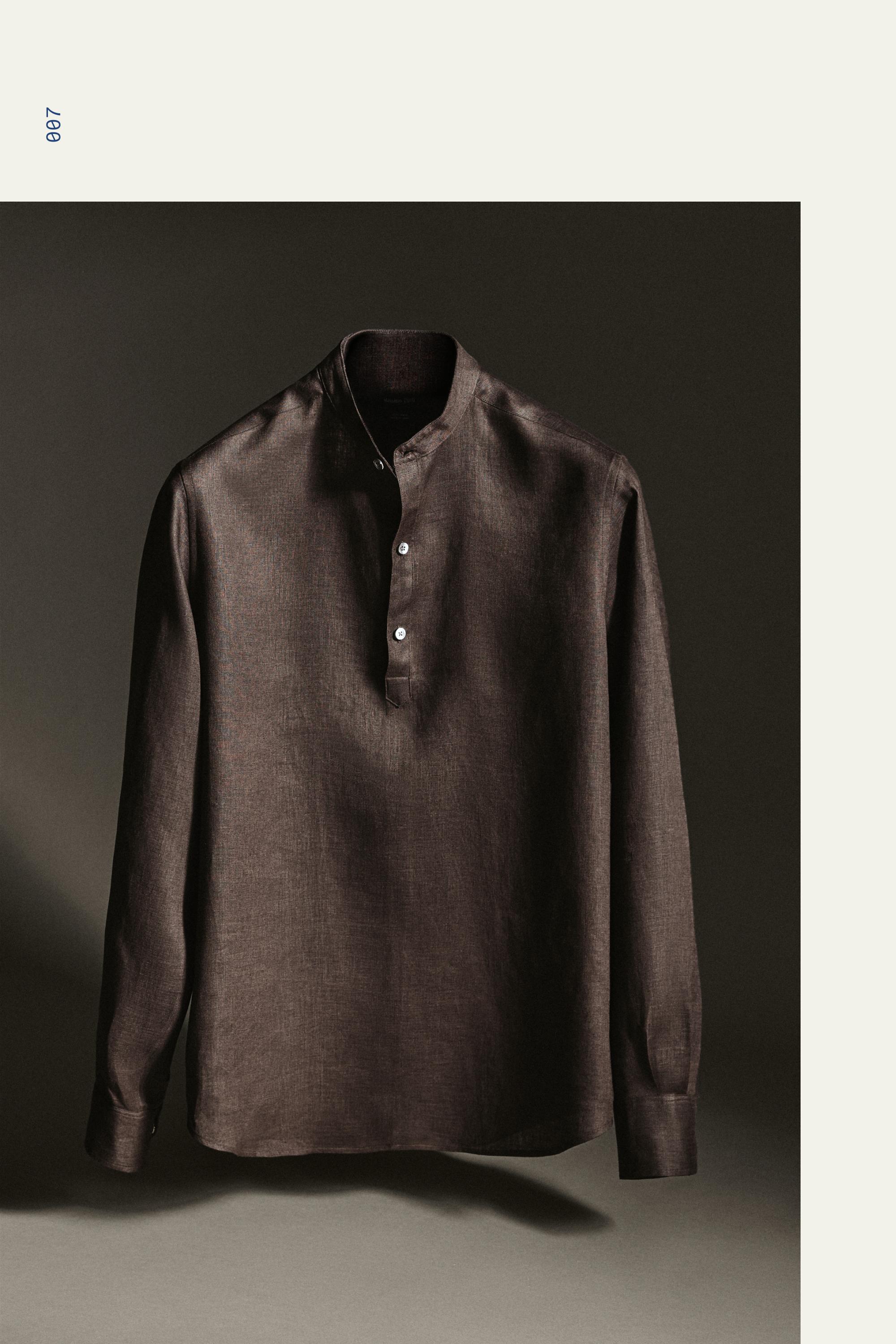Regular fit stand collar 100% linen shirt — Chocolate