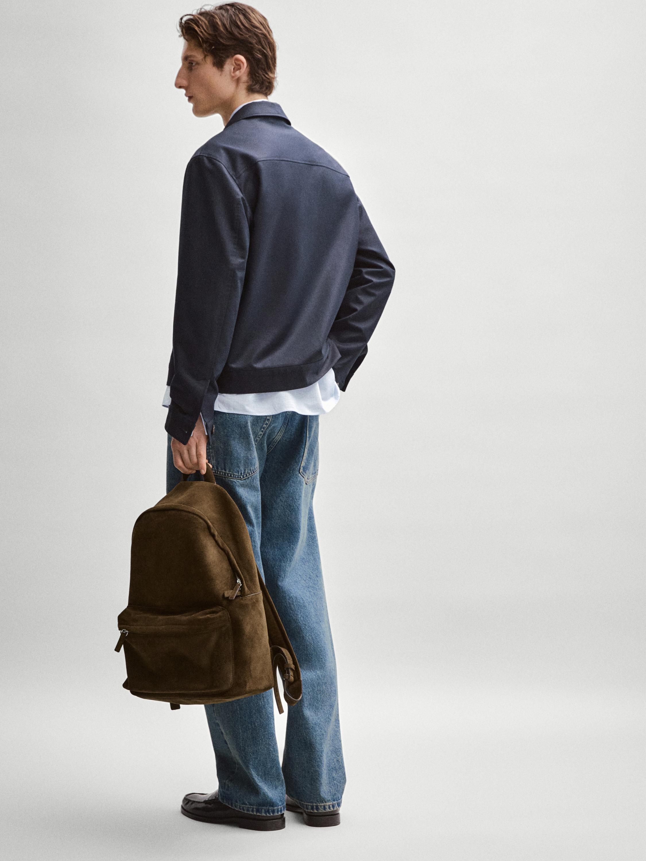 Suede leather backpack with zip — KHAKI