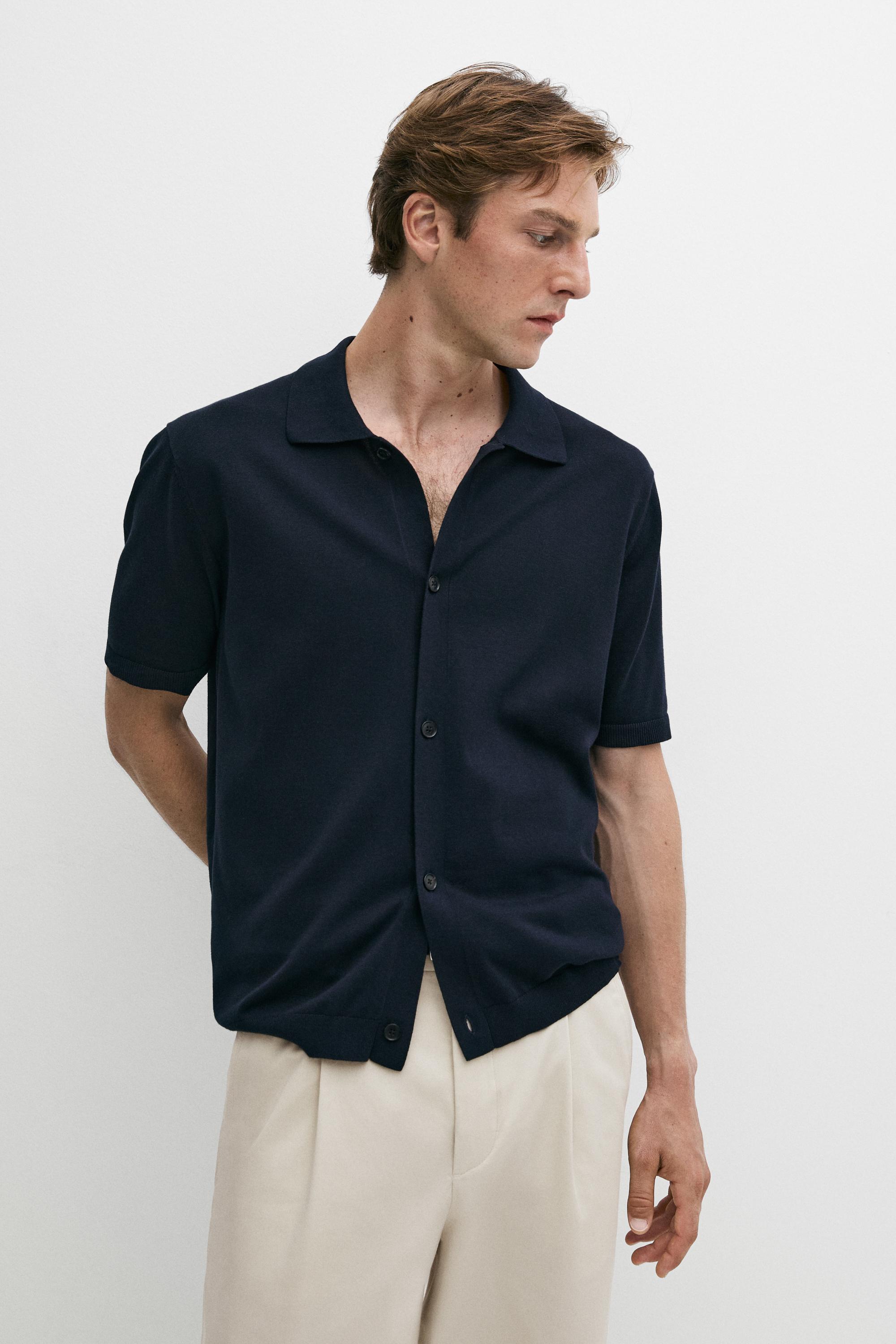 Short sleeve button-up knit cardigan — NAVY BLUE