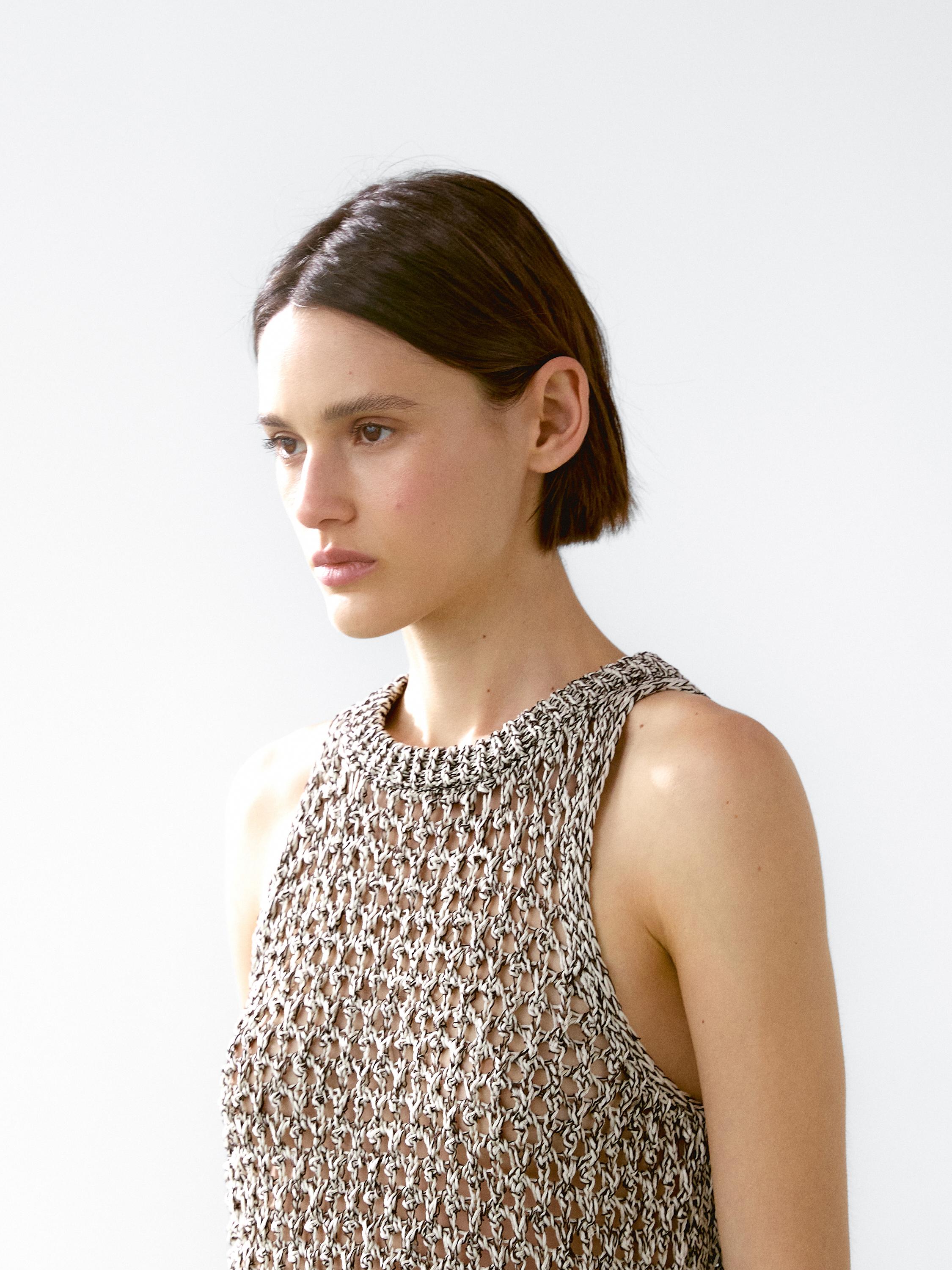Openwork cotton blend halter top