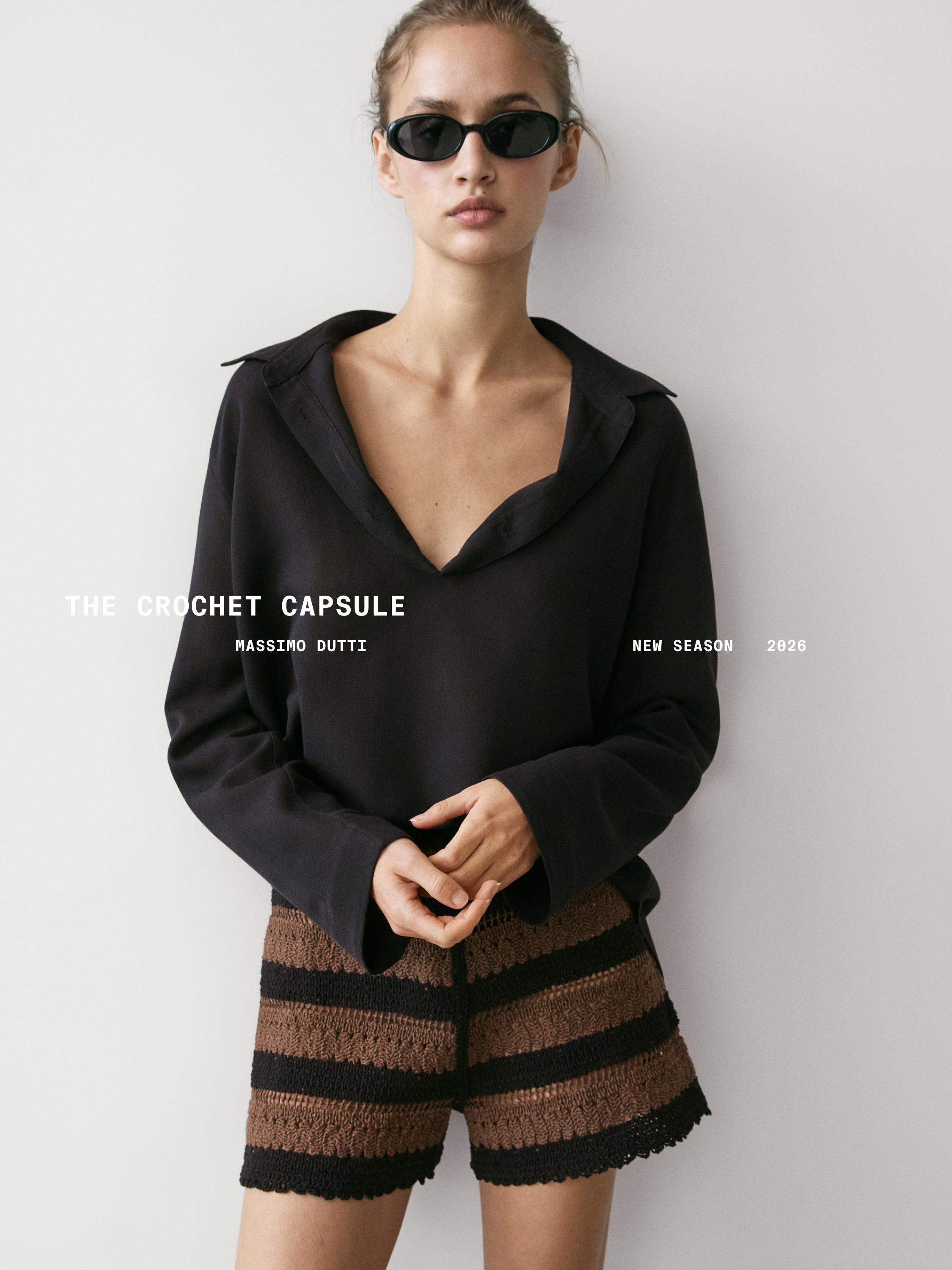 Flowing cotton blend V-neck shirt — BROWN