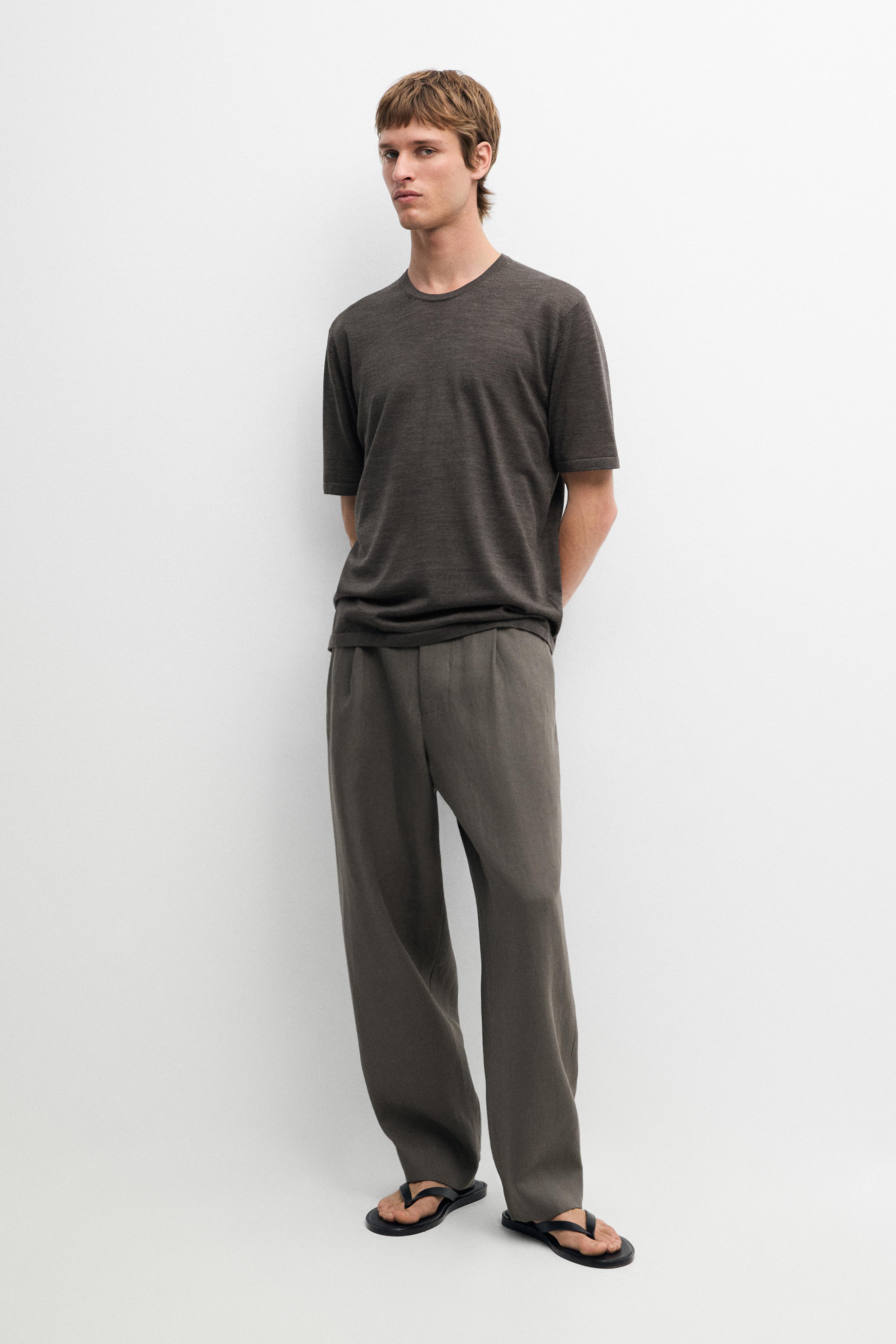 Wool-blend short-sleeve knit sweater — Greyish green