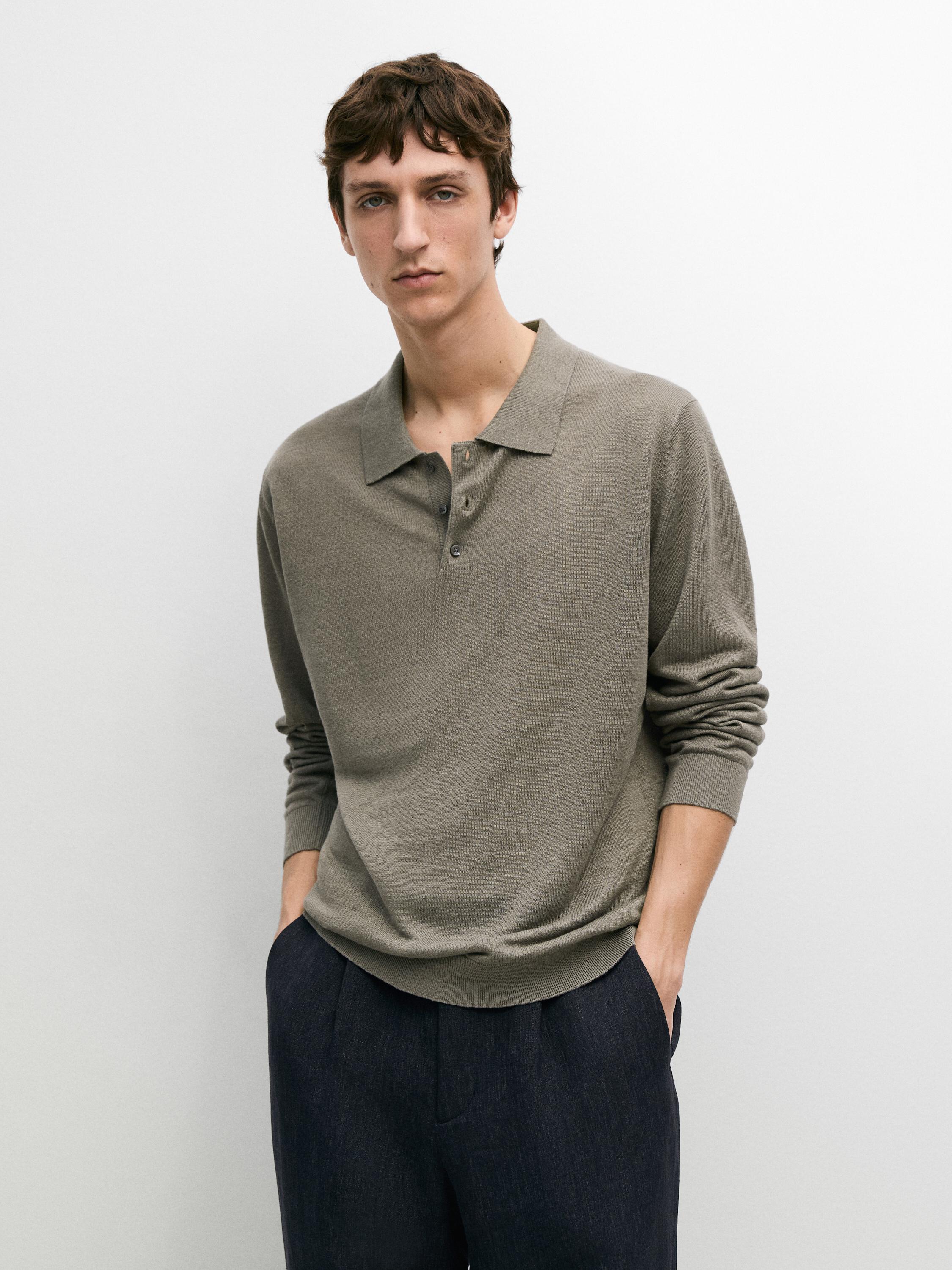 100% linen knit polo collar sweater — PALE KHAKI