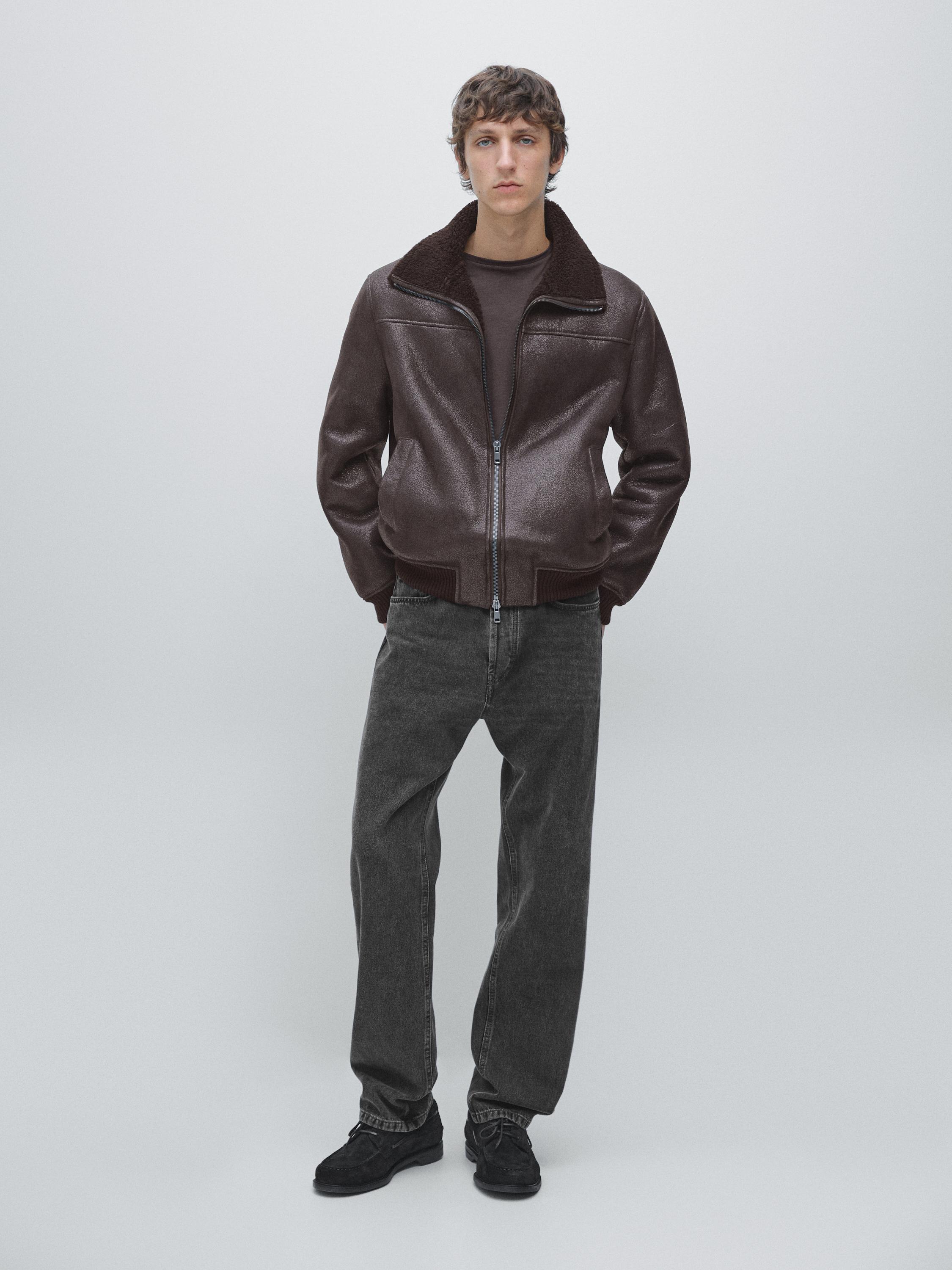 Short double fabric leather jacket with fur