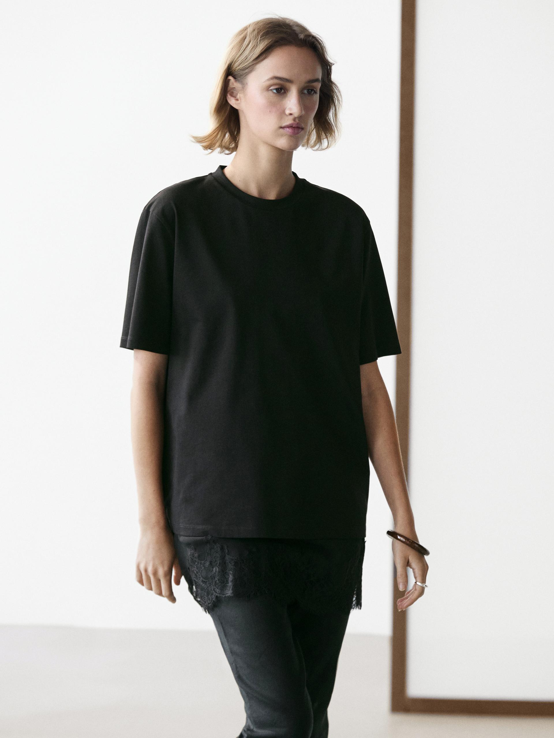 Maglietta A Maniche Corte Con Dettaglio In Pizzo - Nero - Xl - Massimo Dutti - Femminile