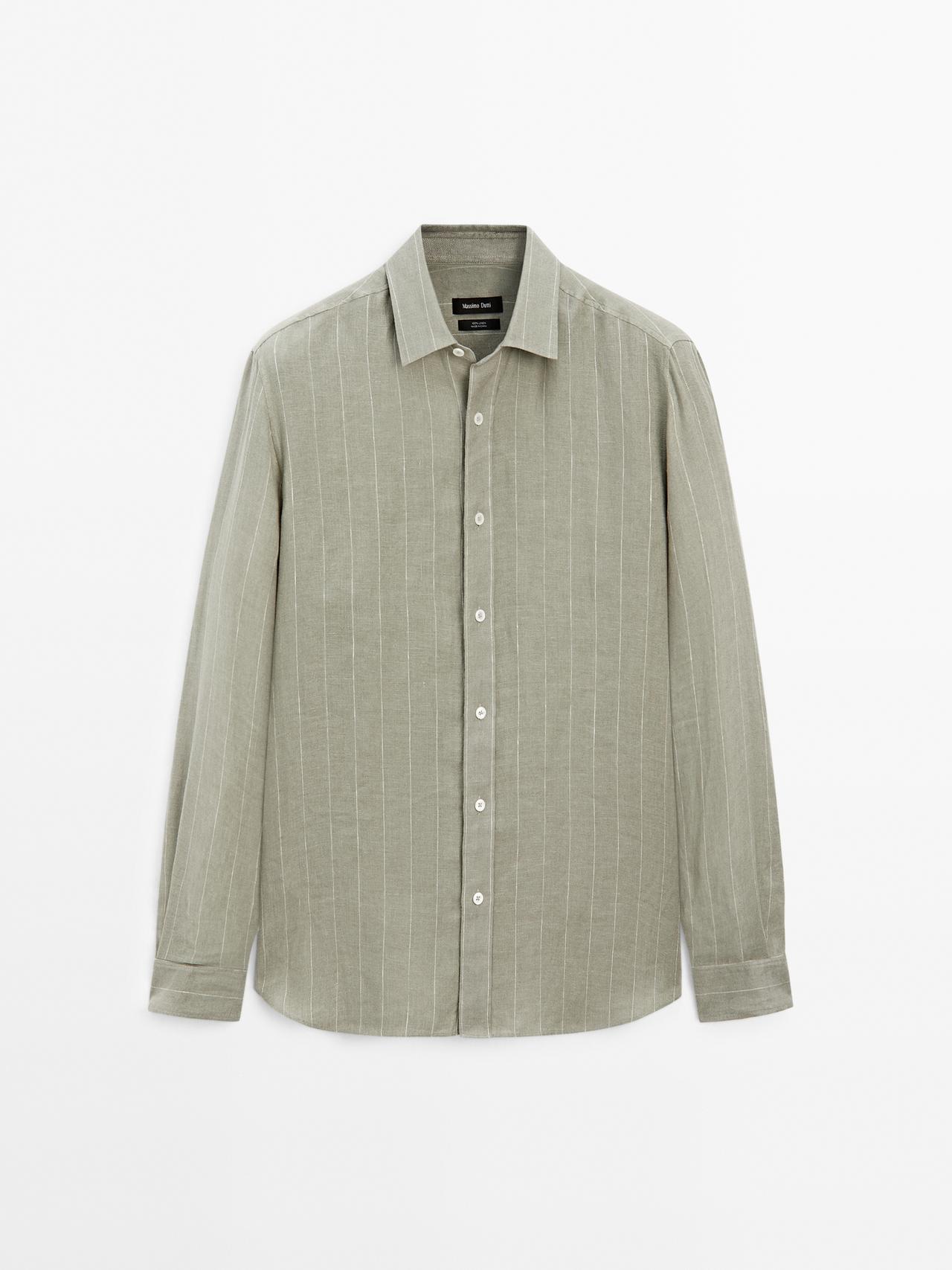 Massimo Dutti - Herre - Stribet, Regular Fit Skjorte - Grøn - L
