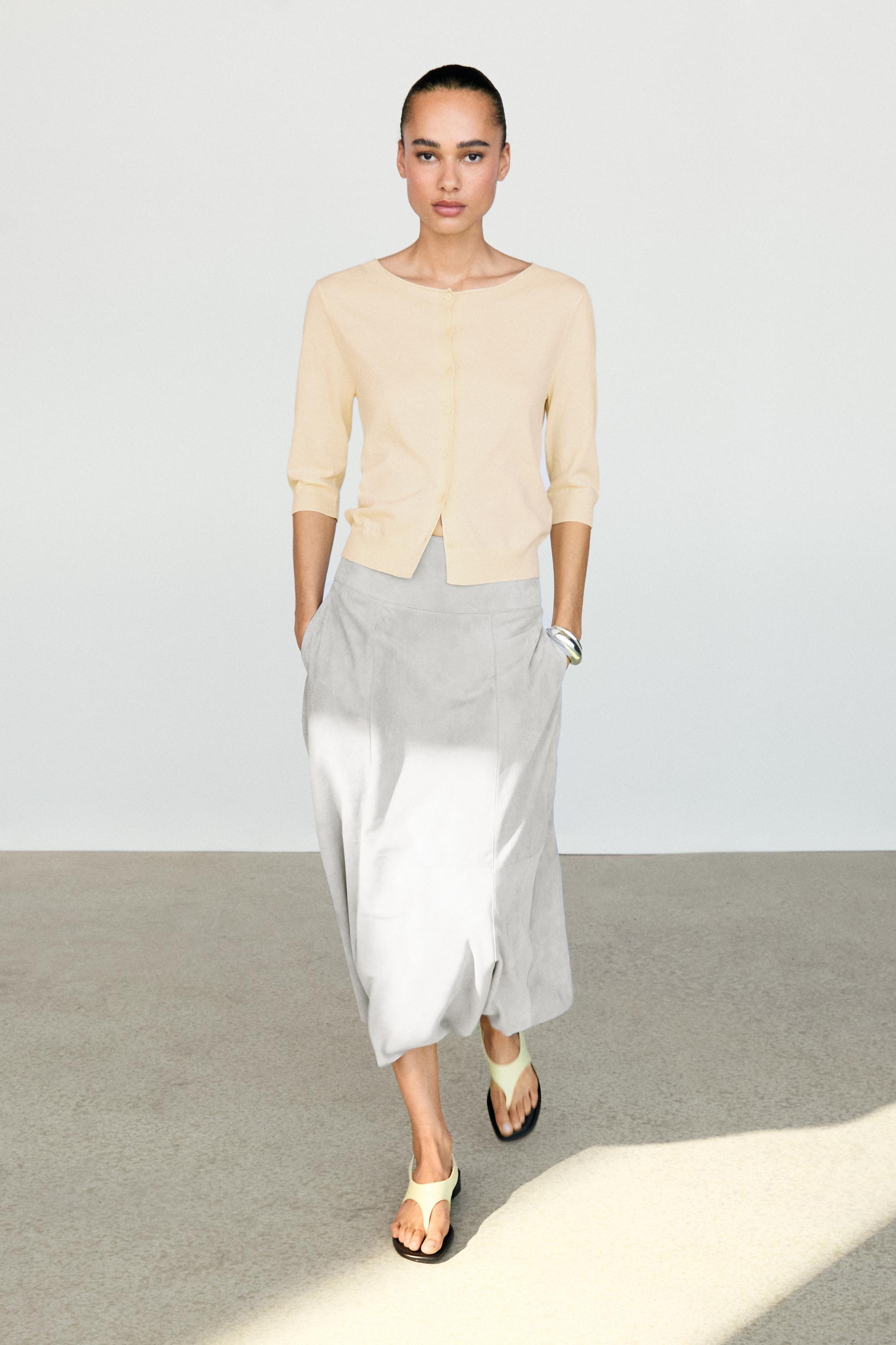 Suede flared midi skirt with sash — BLUISH GREY