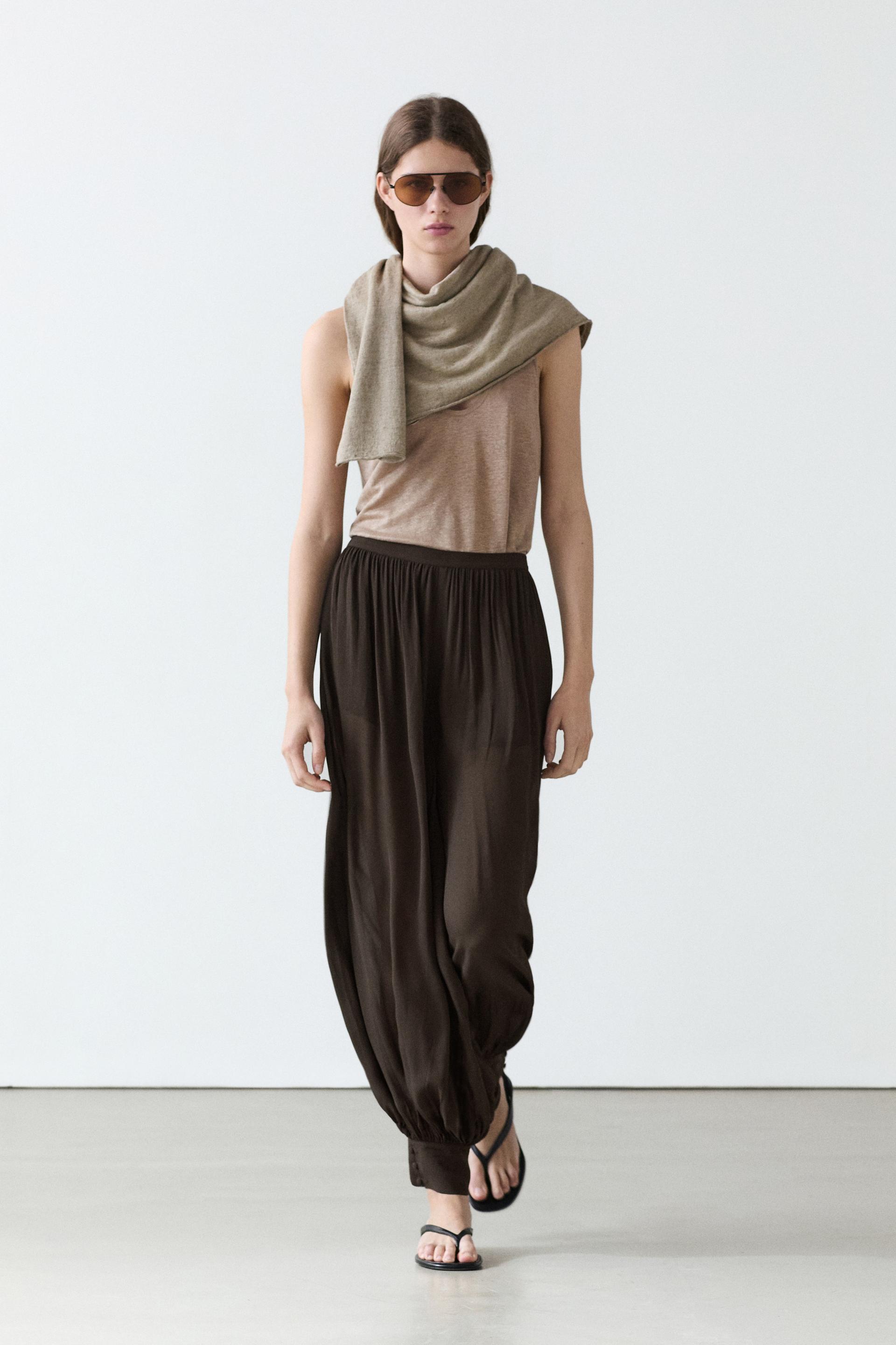 Pantalon Bouffant Semi-Transparent Avec Boutons - Chocolat - 34 - Massimo Dutti - Femme