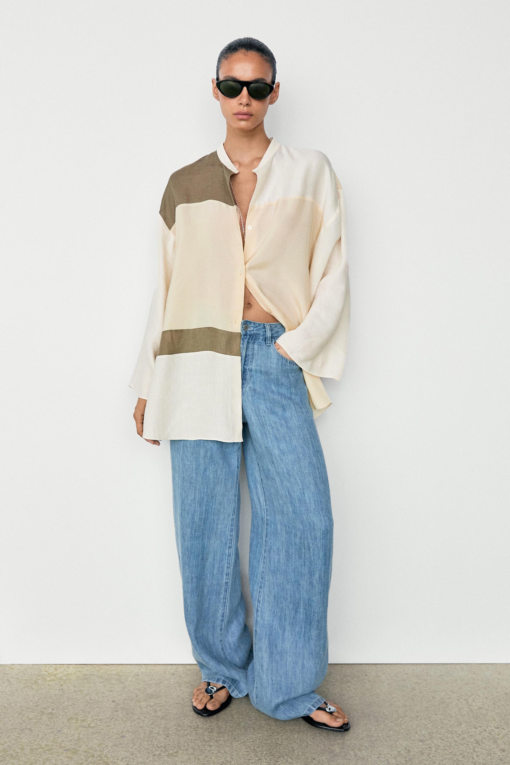 Flowing patchwork shirt with stand-up collar — CREAM
