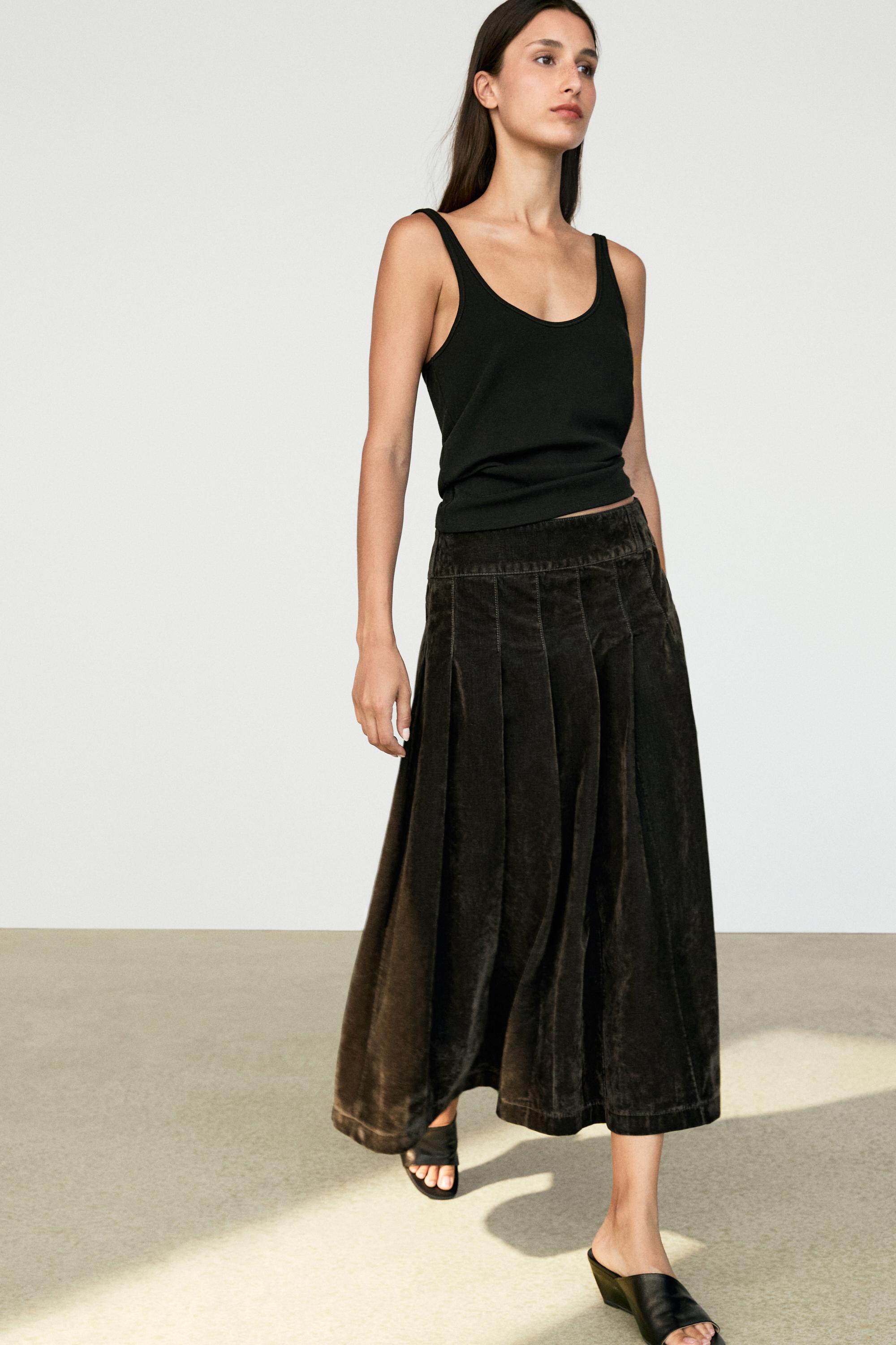 Flocked denim midi skirt with box pleats — KHAKI