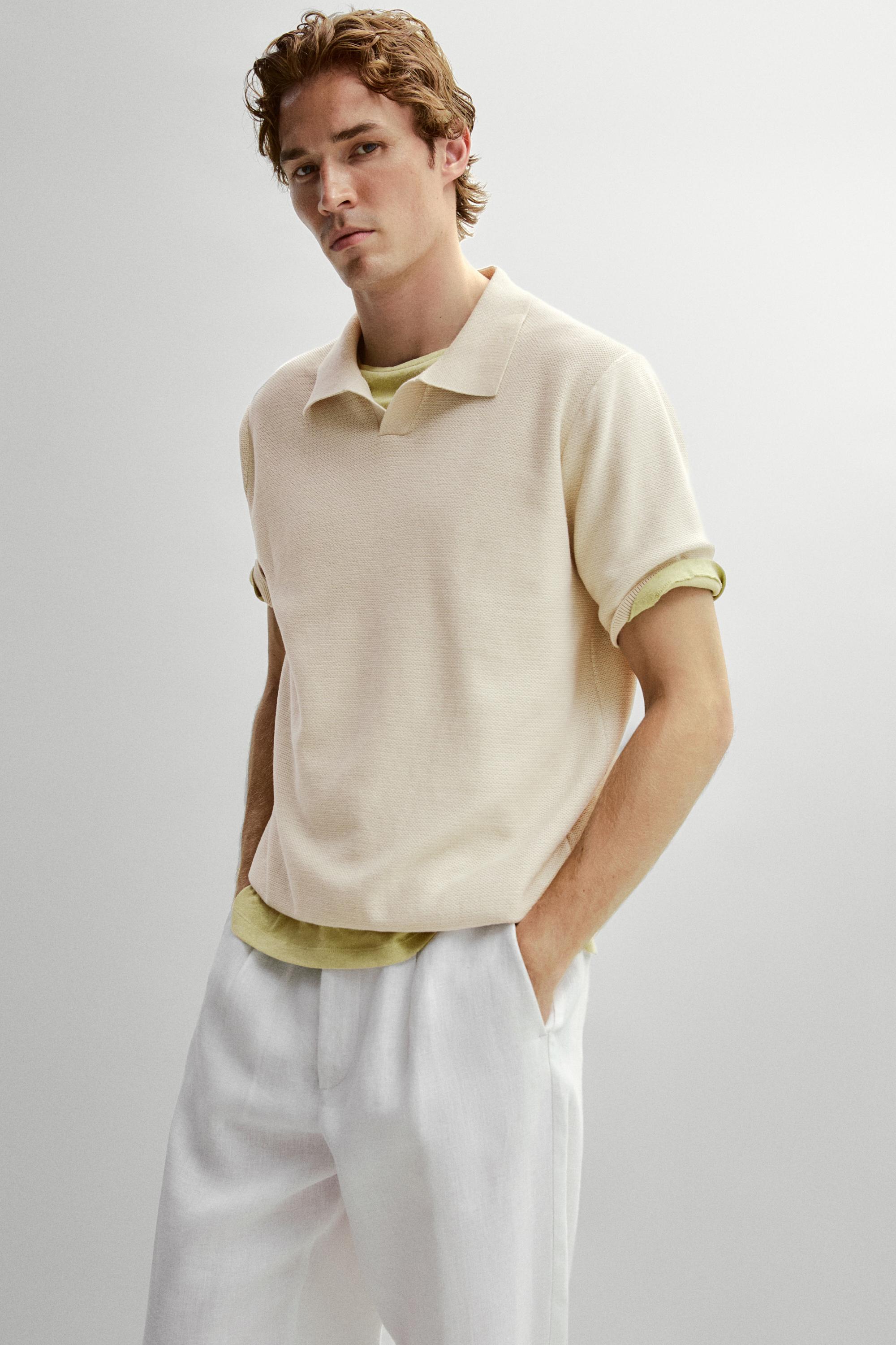 100% cotton contrast knit polo sweater — CREAM