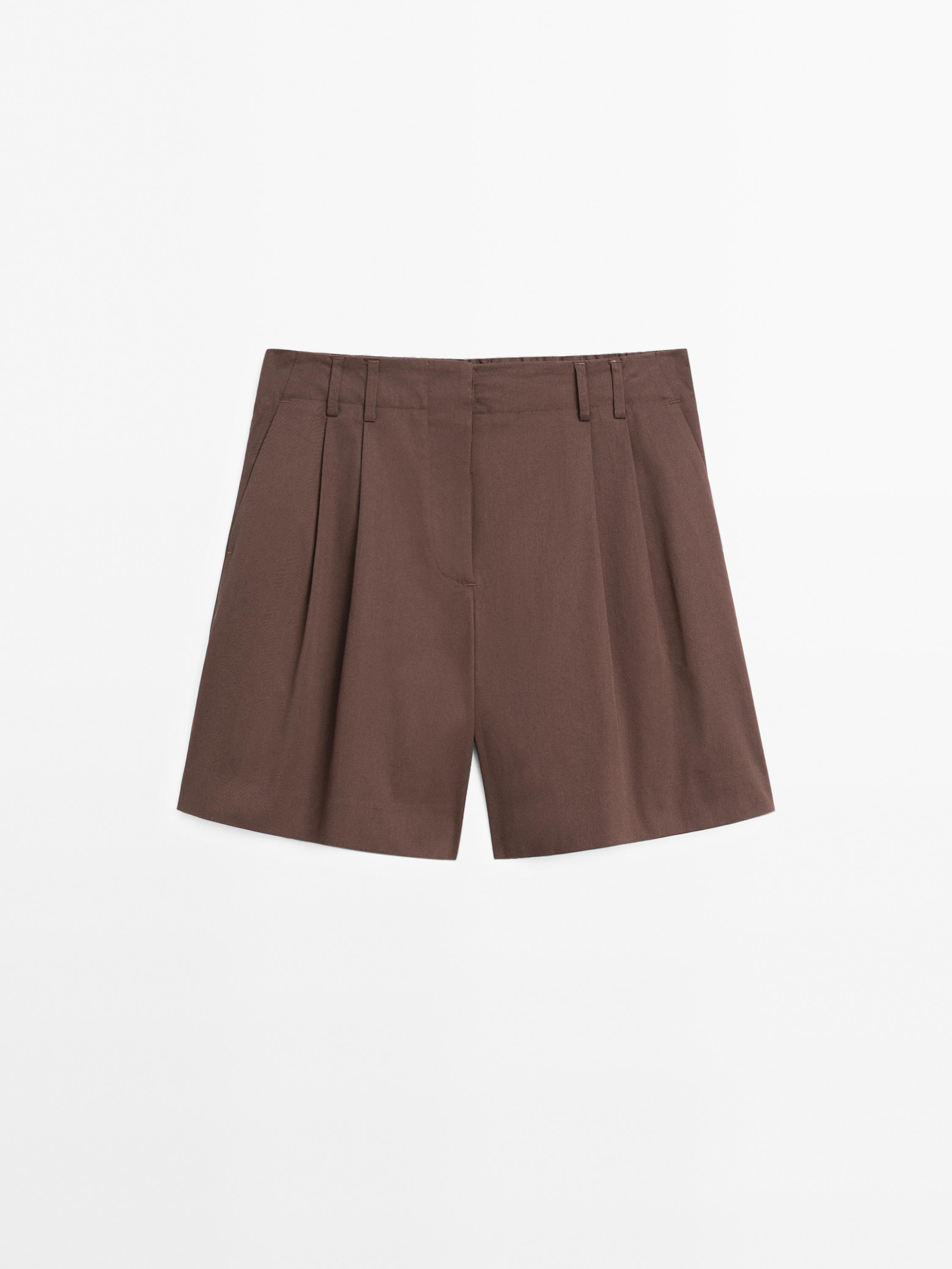 핀턱 디테일 코튼 블렌드 버뮤다 팬츠