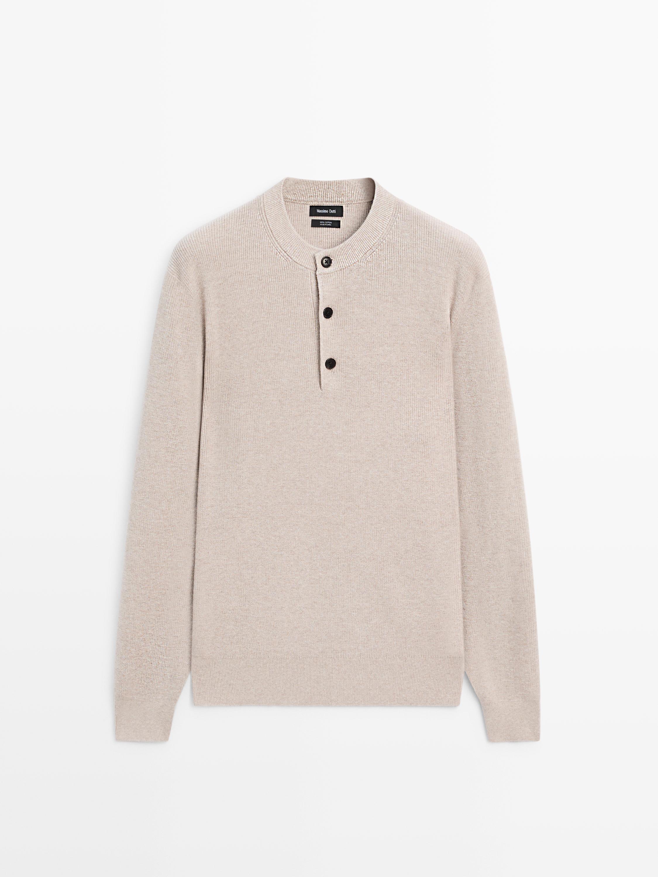 100% cotton knit henley sweater — BEIGE
