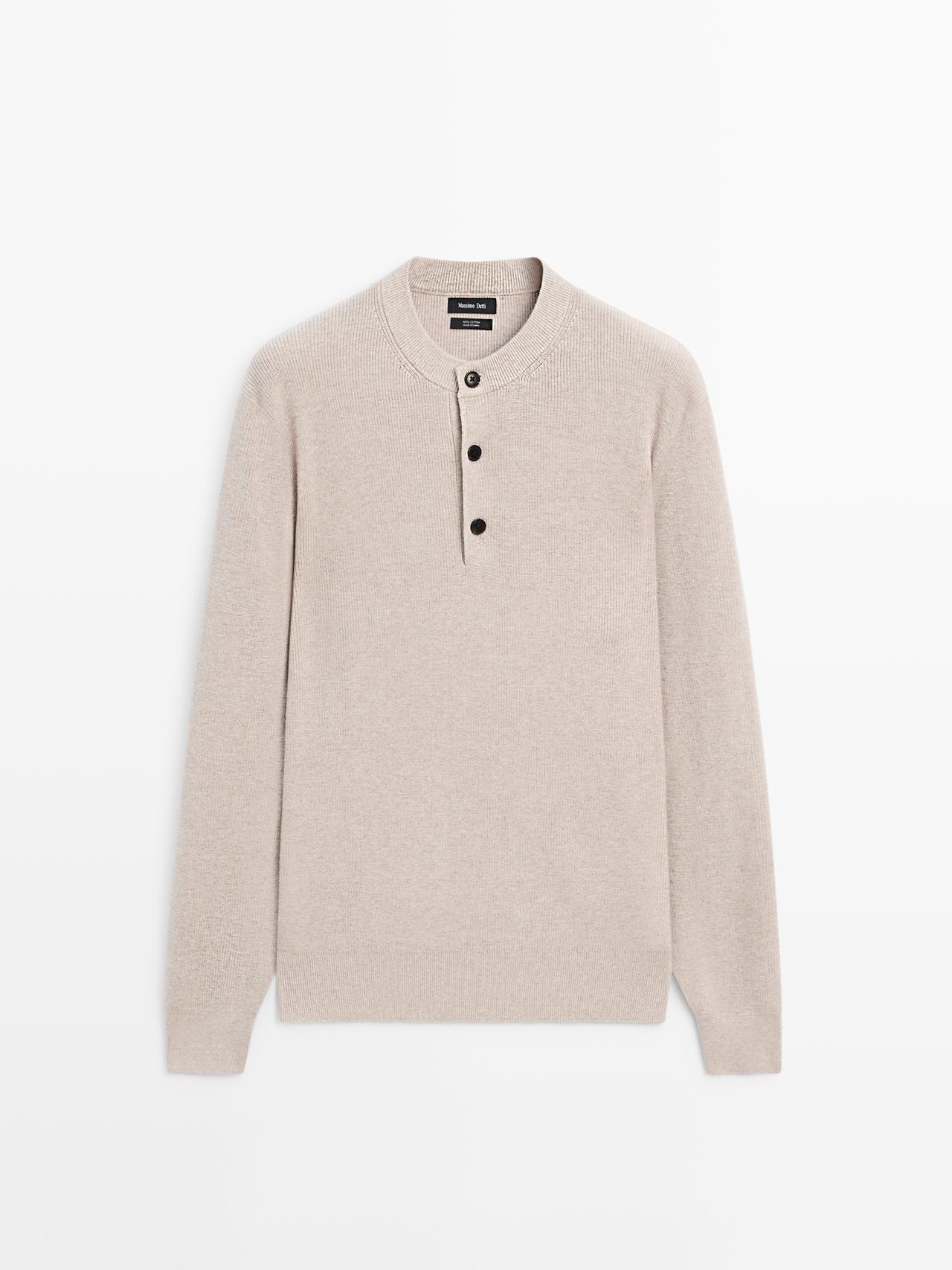 Massimo Dutti - Herre - Strikket Trøje I 100 % Bomuld Med Stolpelukning - Beige - Xl