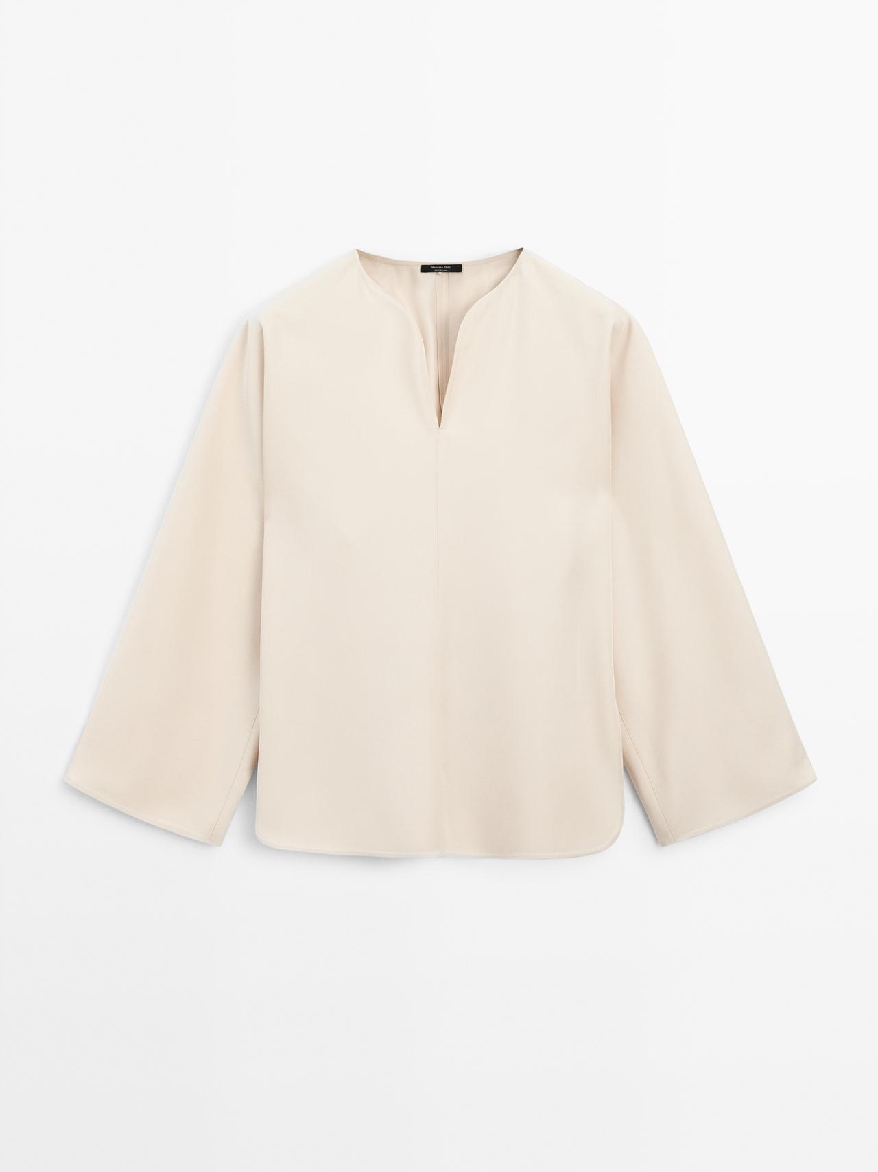 Massimo Dutti - Dames - Wijde Blouse Met Split Details - Kikkererwt - L