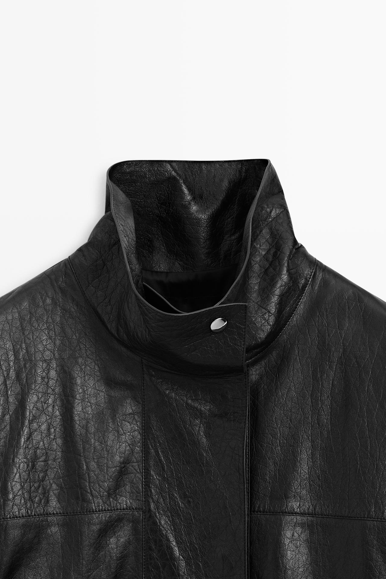 High neck nappa leather jacket — BLACK