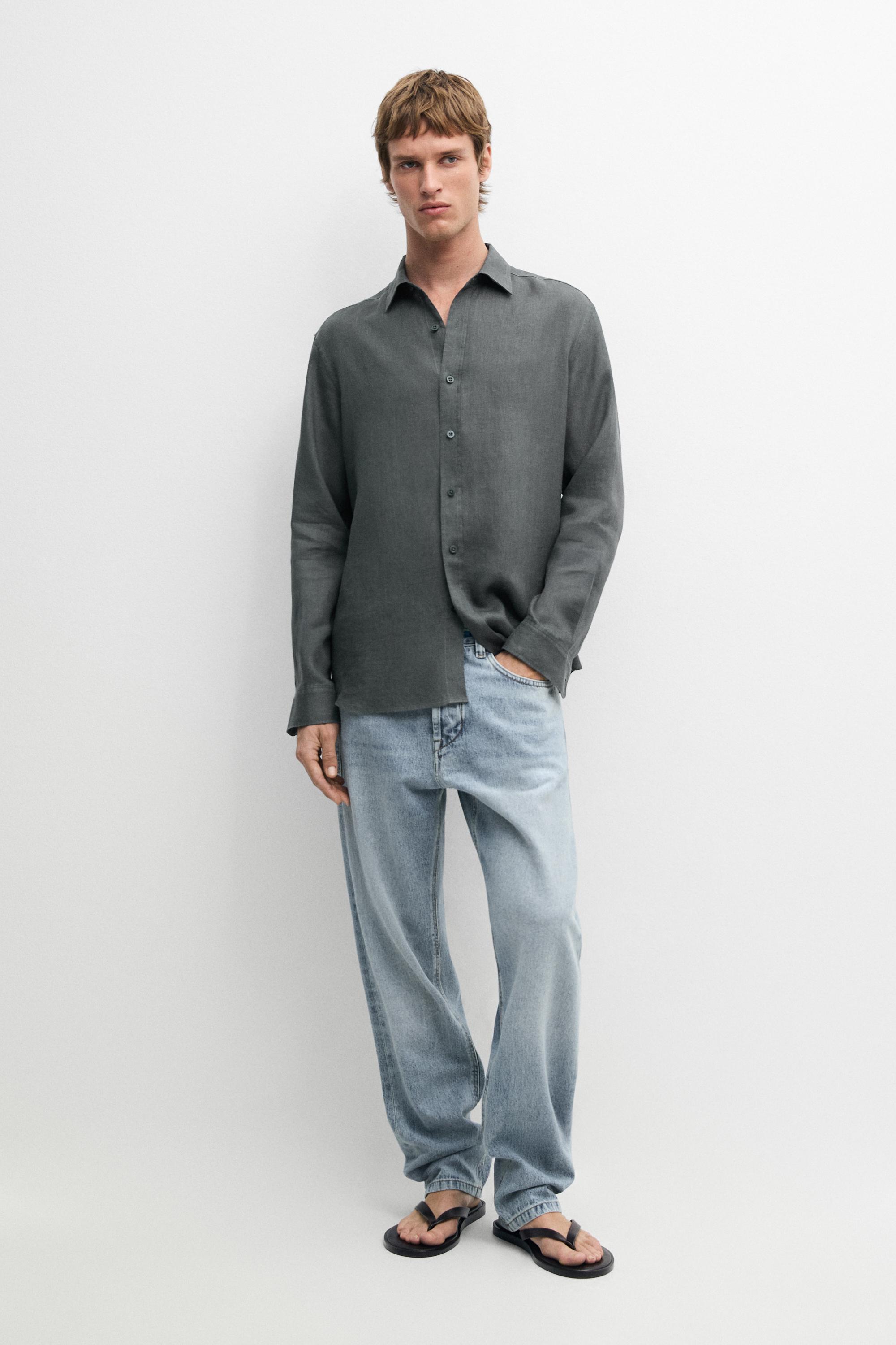100% linen slim fit shirt — DARK GREEN