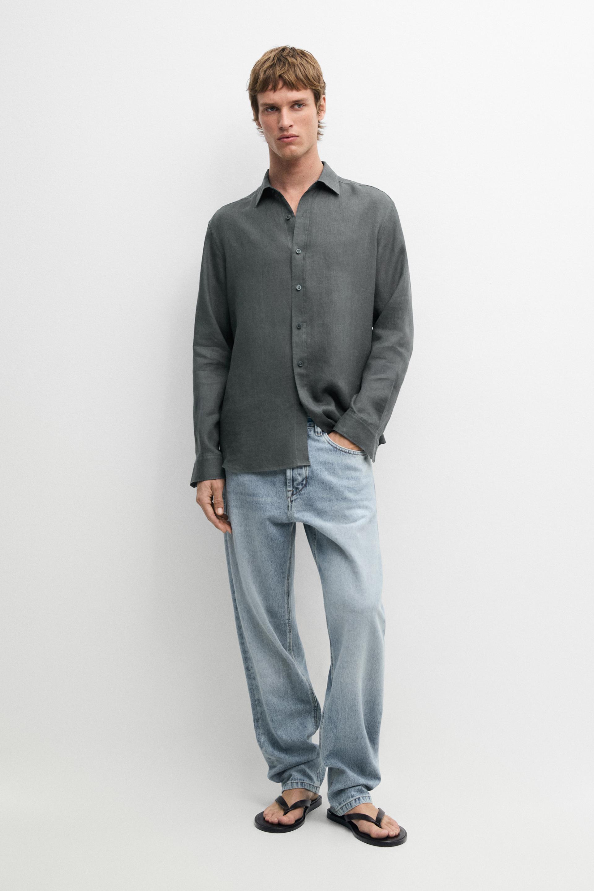 Koszula O Kroju Slim Ze 100% Lnu - Zielony - Xl - Massimo Dutti - Mężczyzna