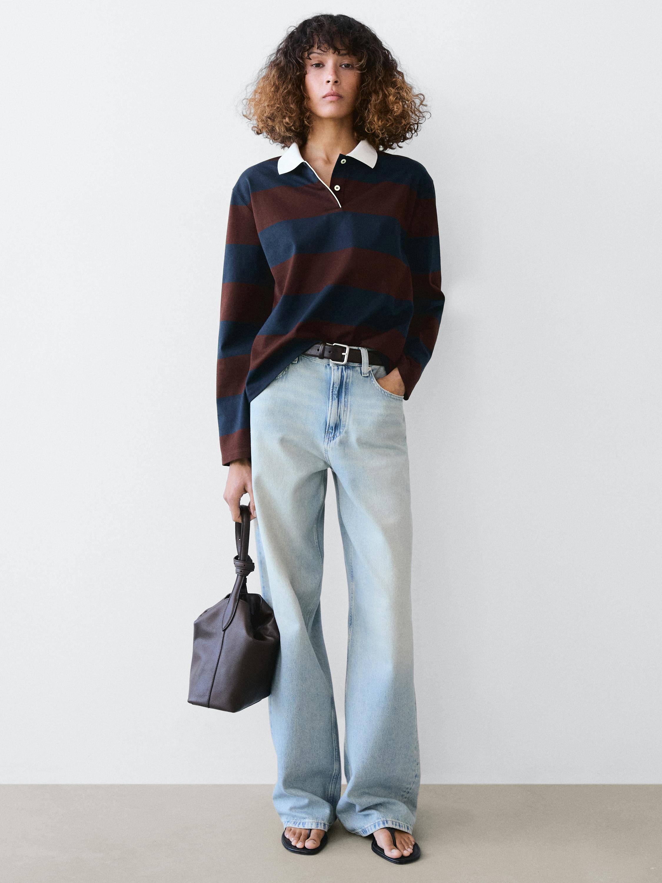 Striped long sleeve cotton polo shirt