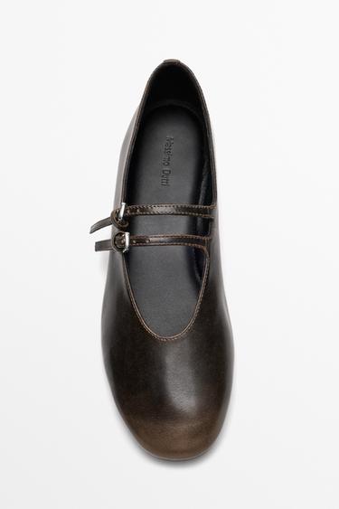 Double-strap leather ballet flat — BROWN 5