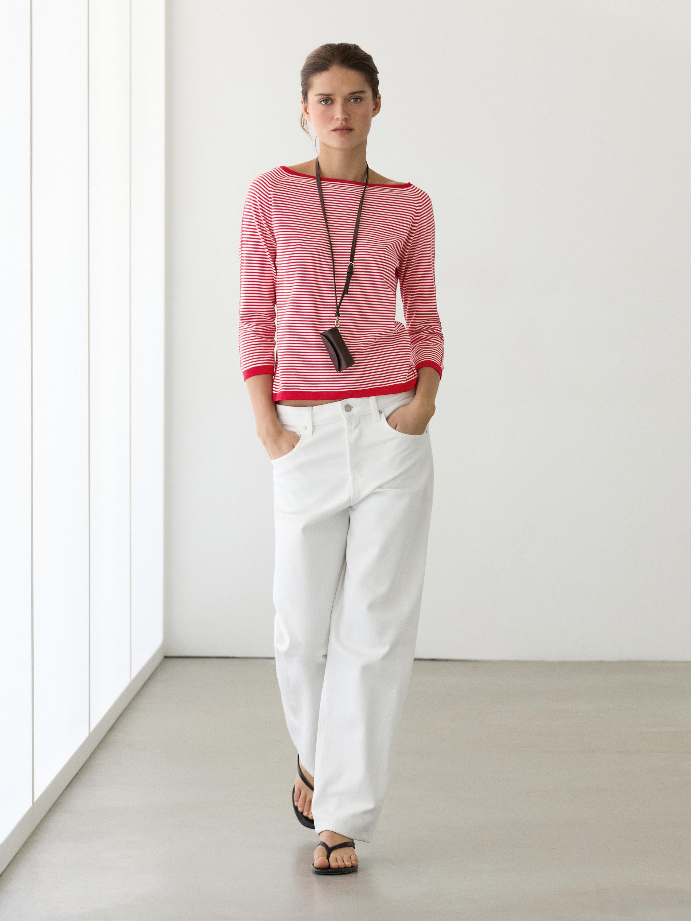 100% cotton striped knit sweater — RED