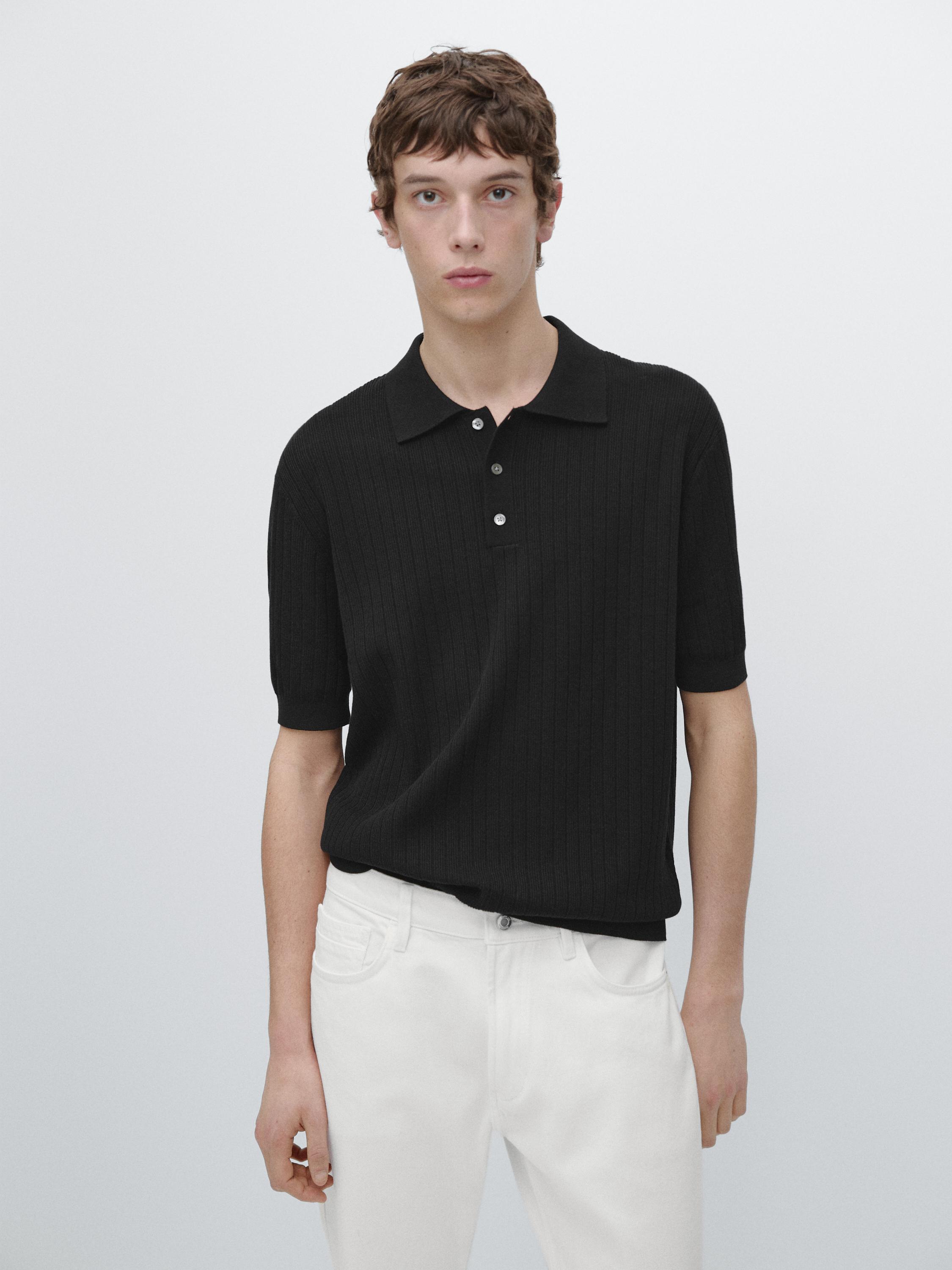 Ribbed knit cotton polo shirt — BLACK