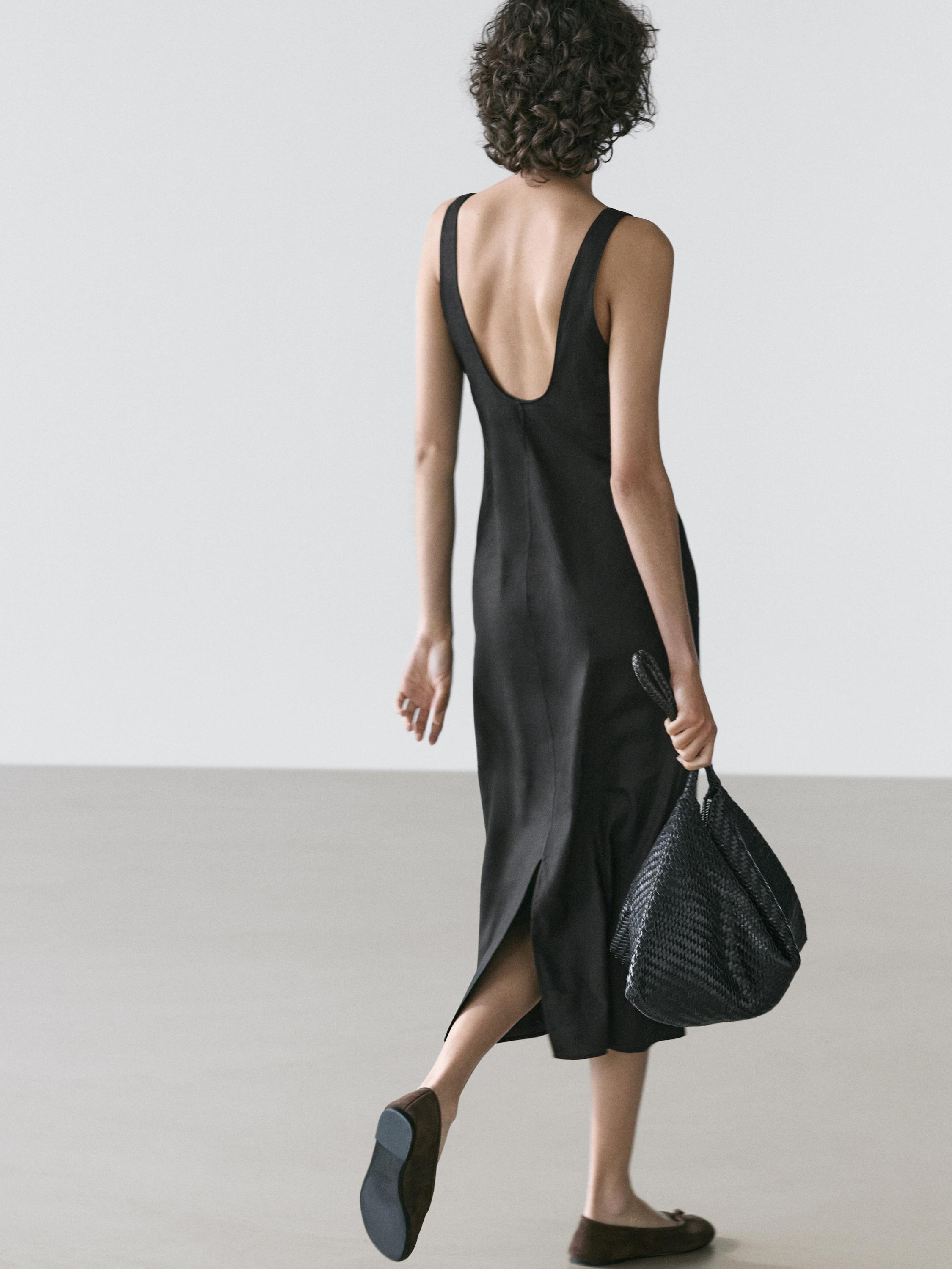 Flowing round neck midi dress — BLACK