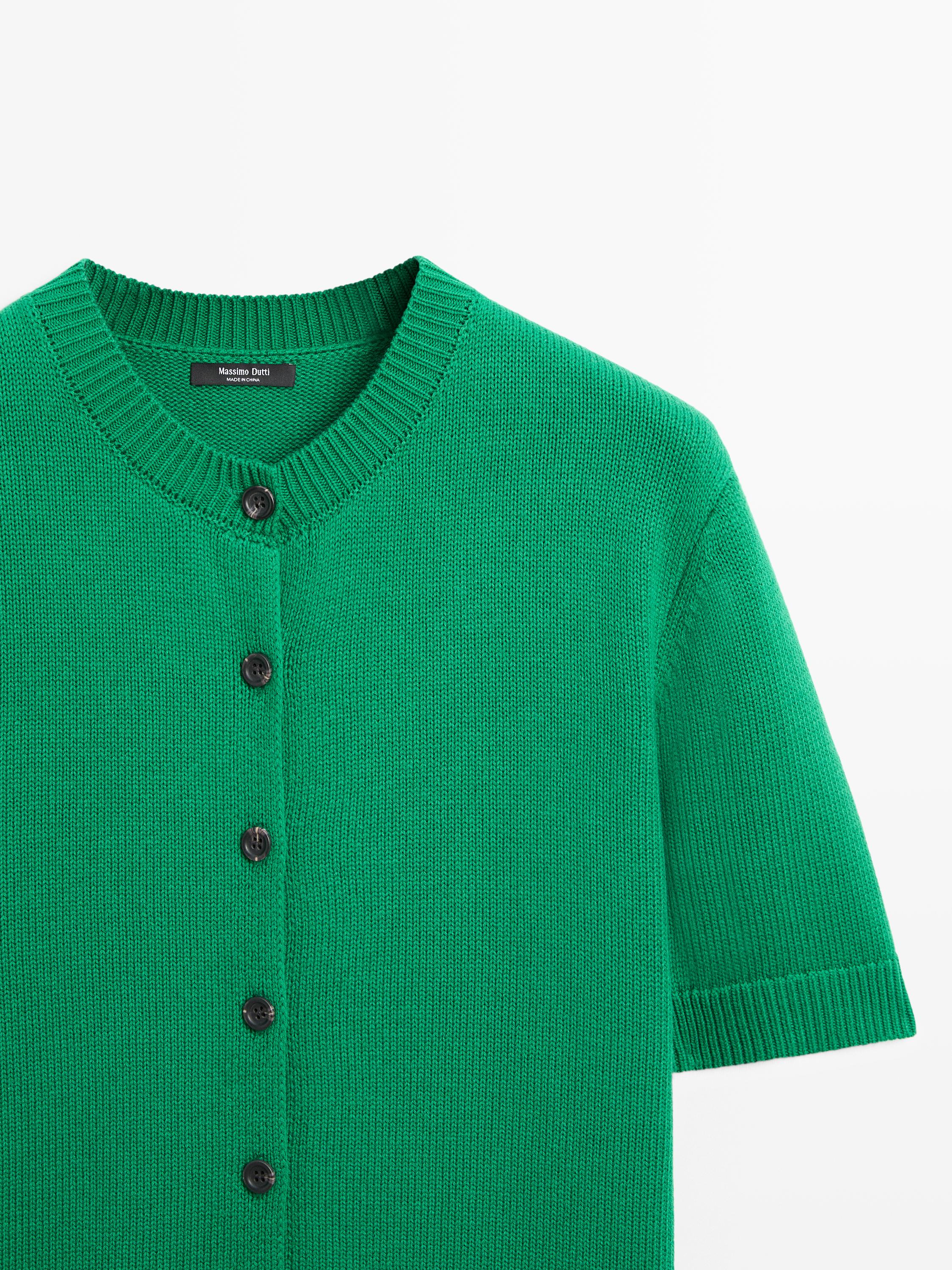 Cotton blend short sleeve knit cardigan — GREEN