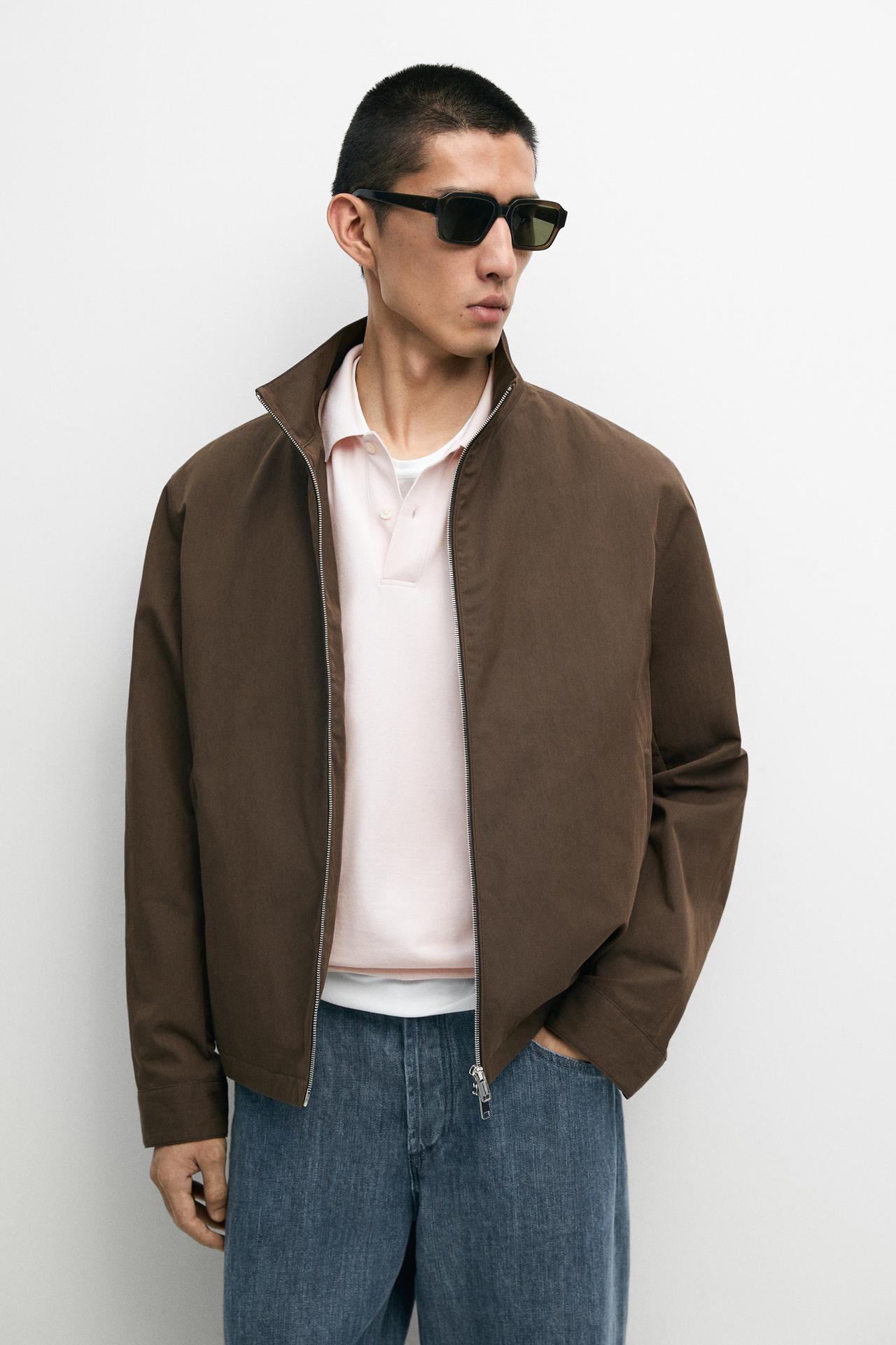 Cotton blend high-neck jacket — Chocolate