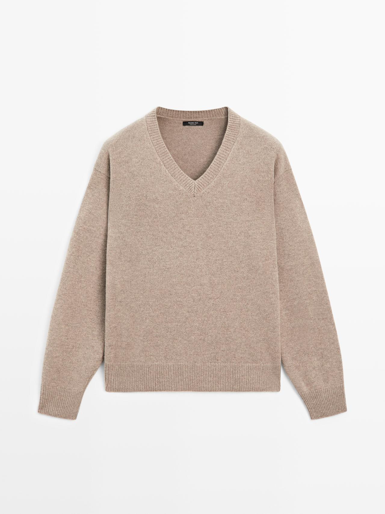 Massimo Dutti - Dames - Tricot Trui Met V-Hals En Elleboogpatches - Mink - L