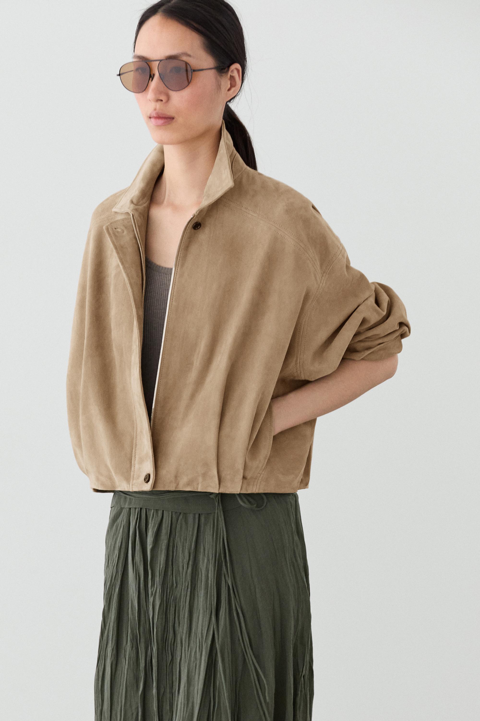 Pleated suede leather bomber jacket